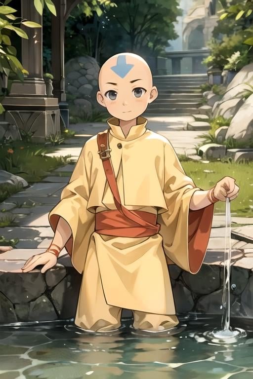 masterpiece, best quality, game cg, 1boy, solo, male focus, looking at viewer, , , , , <lora:aang_avatar:0.74>, aang_avatar, bald, black eyes, mummy costume, water,