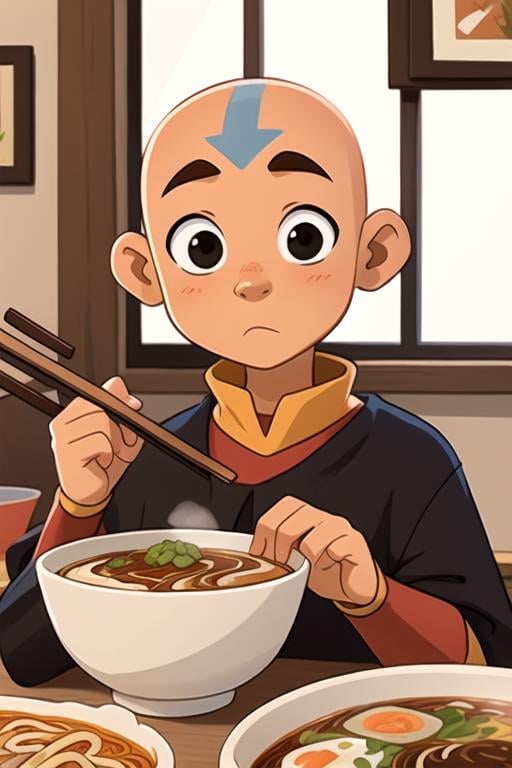 masterpiece, best quality, illustration, 1boy, solo, male focus, looking at viewer, , , ligne claire, realistic, <lora:aang_avatar:0.74>, aang_avatar, bald, black eyes, , , ramen shop,