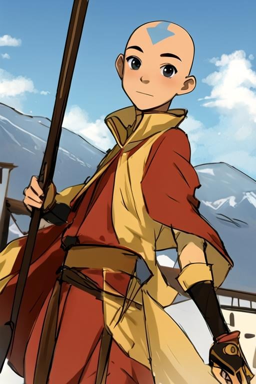 masterpiece, best quality, sketch, 1boy, solo, male focus, looking at viewer, , , , , <lora:aang_avatar:0.76>, aang_avatar, bald, black eyes, , science fantasy, Blu-ray