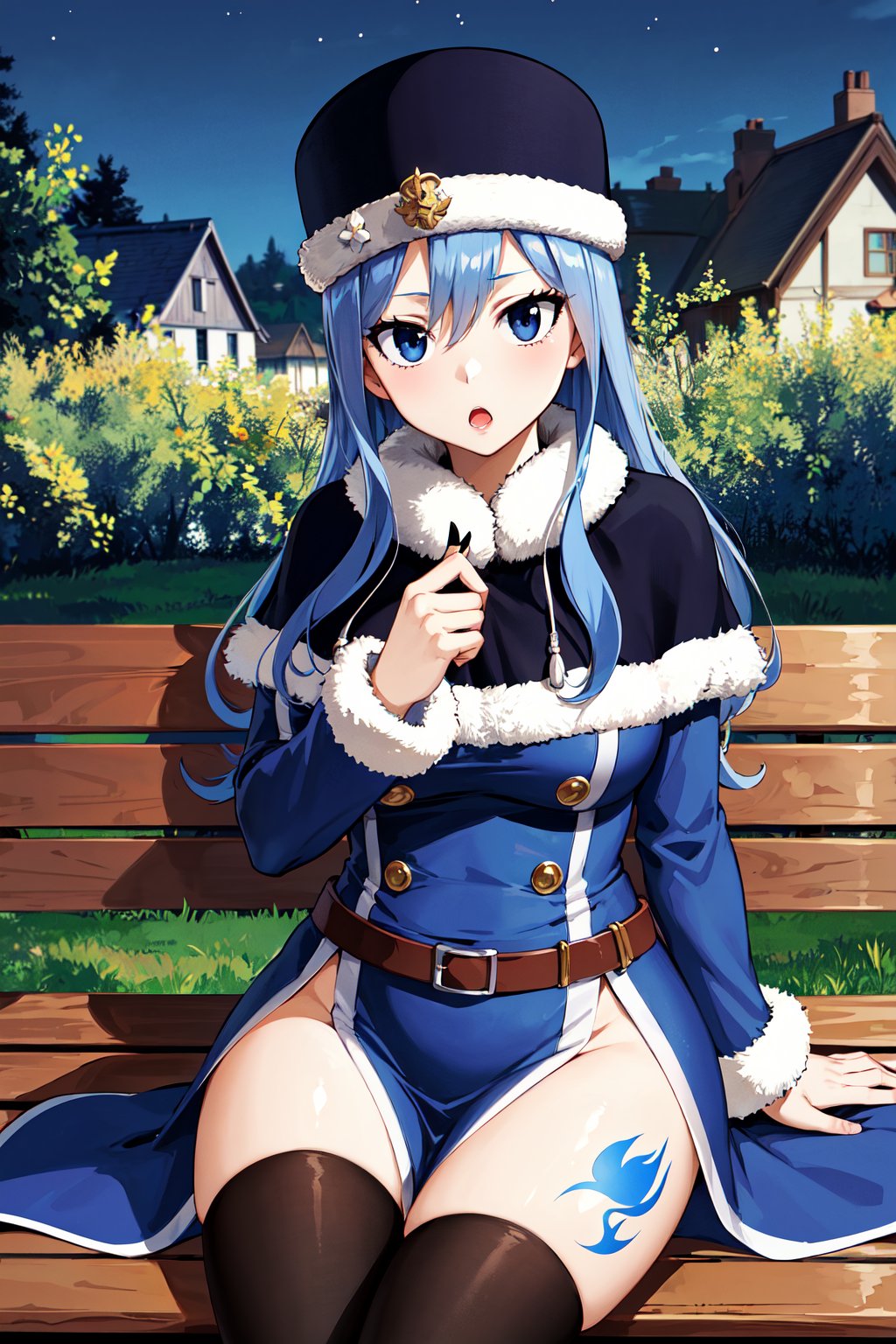 masterpiece, best quality, highres, aajuvia, long hair, blue headwear, fur-trimmed headwear, capelet, blue dress, long sleeves, belt, side slit, tattoo, thighhighs, <lora:juvia_lockser_v1:0.7>, sitting, :o, bench, night, 