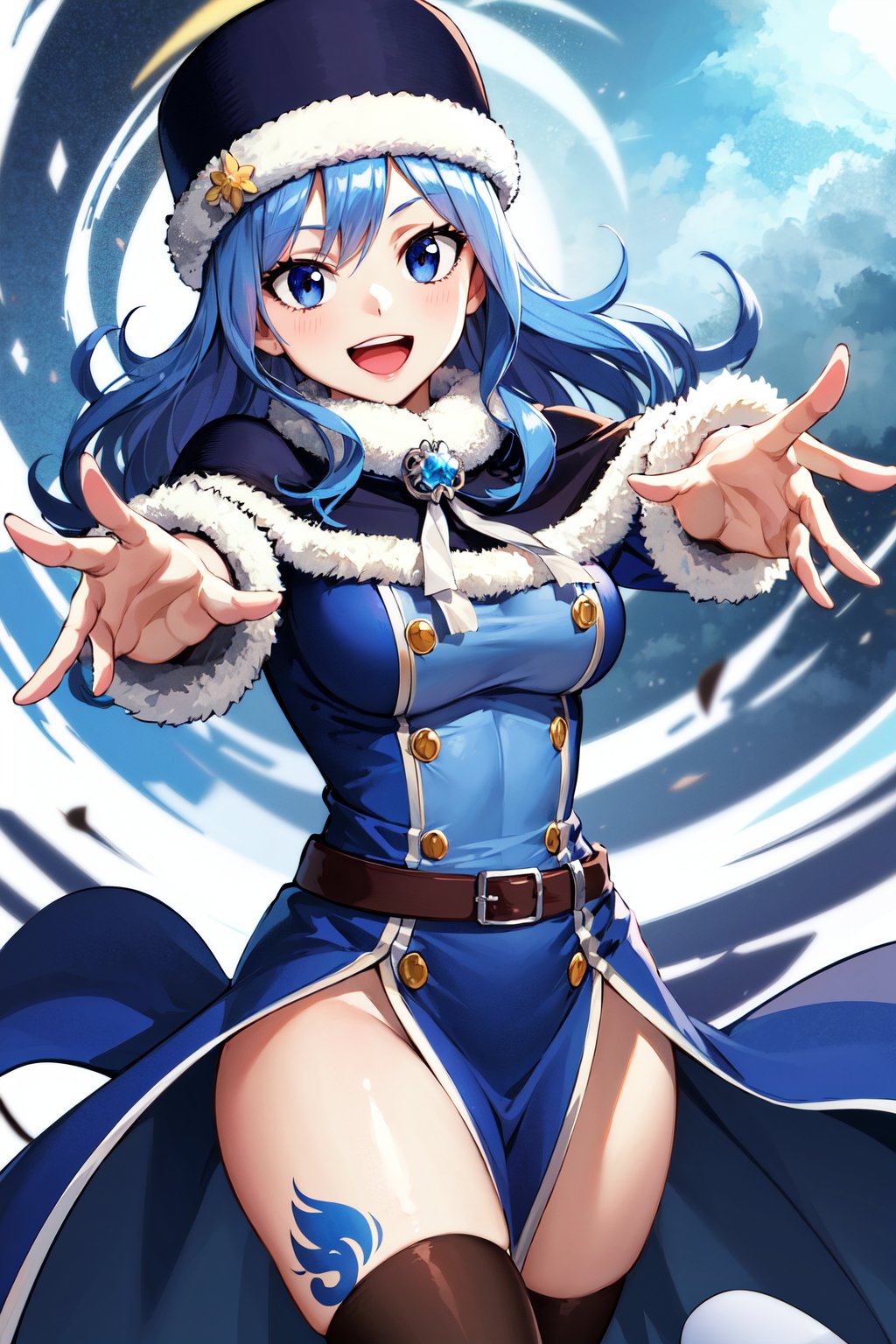 masterpiece, best quality, highres, aajuvia, long hair, blue headwear, fur-trimmed headwear, capelet, blue dress, long sleeves, belt, side slit, tattoo, thighhighs, <lora:juvia_lockser_v1:0.7>, outstretched arm, reaching out, smile, open mouth, 