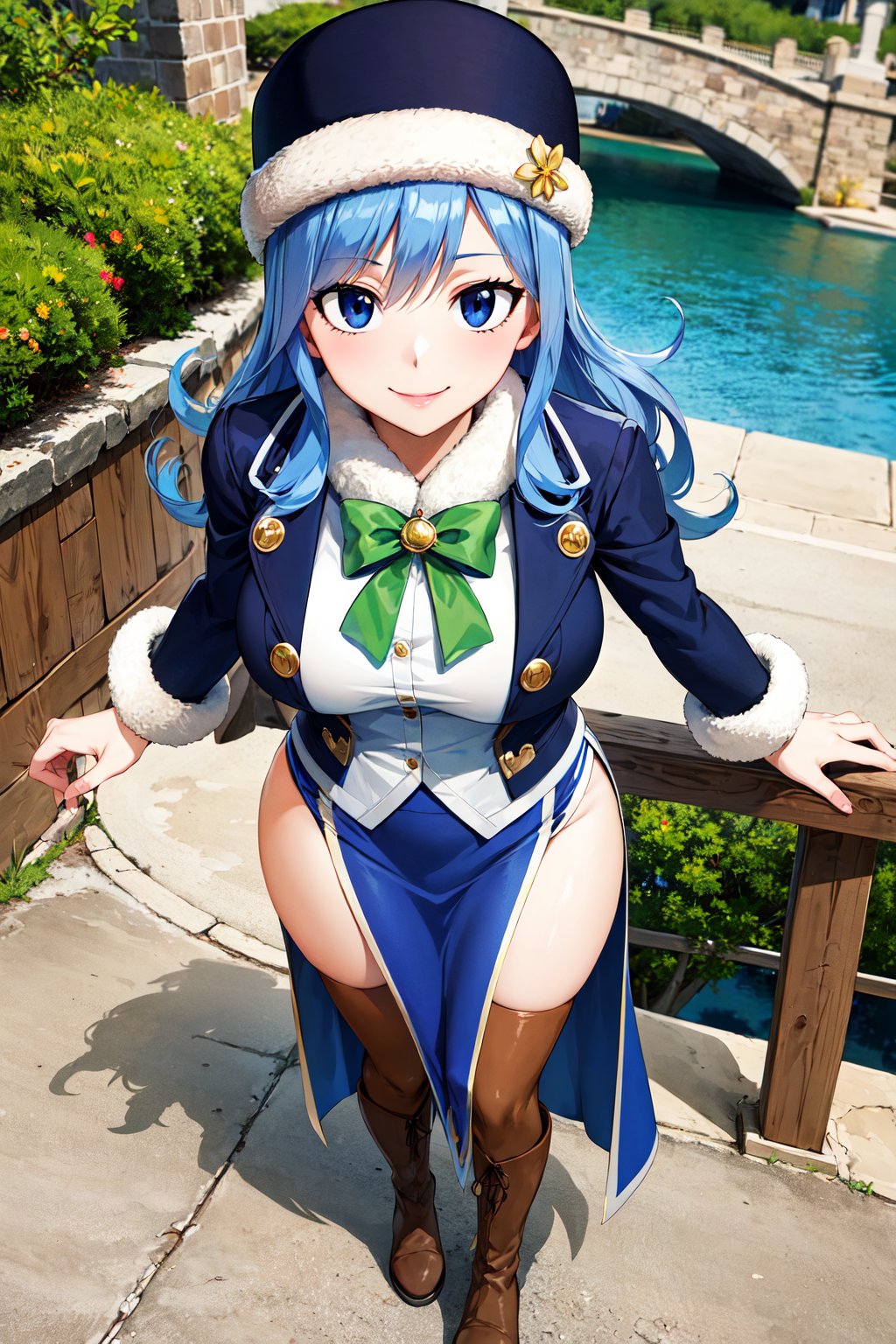 masterpiece, best quality, highres, aajuvia, long hair, blue headwear, fur-trimmed headwear, green bow, jacket, long sleeves, blue skirt, side slit, thighhighs, brown footwear, boots, <lora:juvia_lockser_v1:0.7>, from above, standing, smile, bridge, outdoors