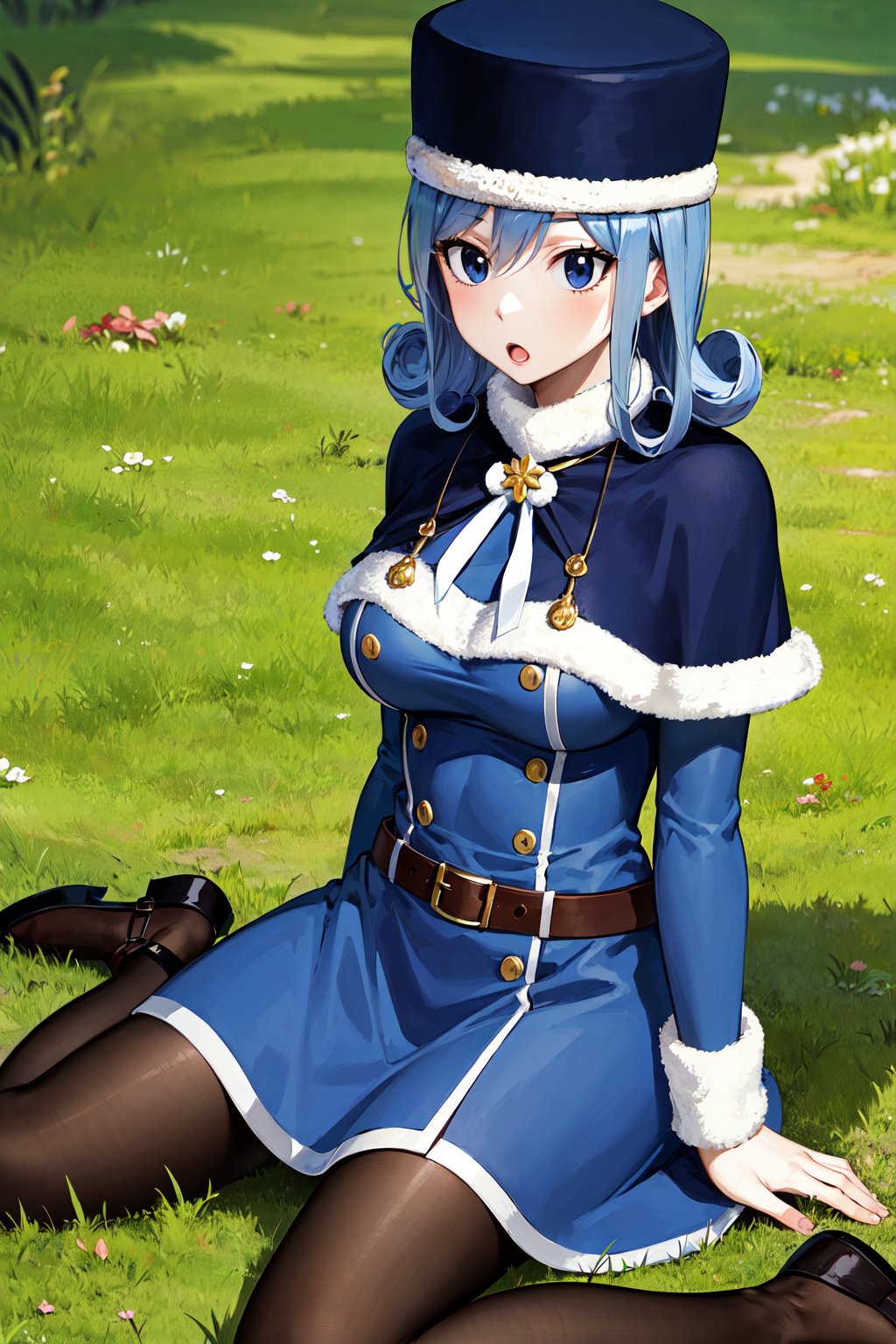 masterpiece, best quality, highres, aajuvia, curly hair, hat, capelet, blue dress, long sleeves, brown belt, pantyhose,<lora:juvia_lockser_v1:0.7>, grass, sitting, wariza. :o. 