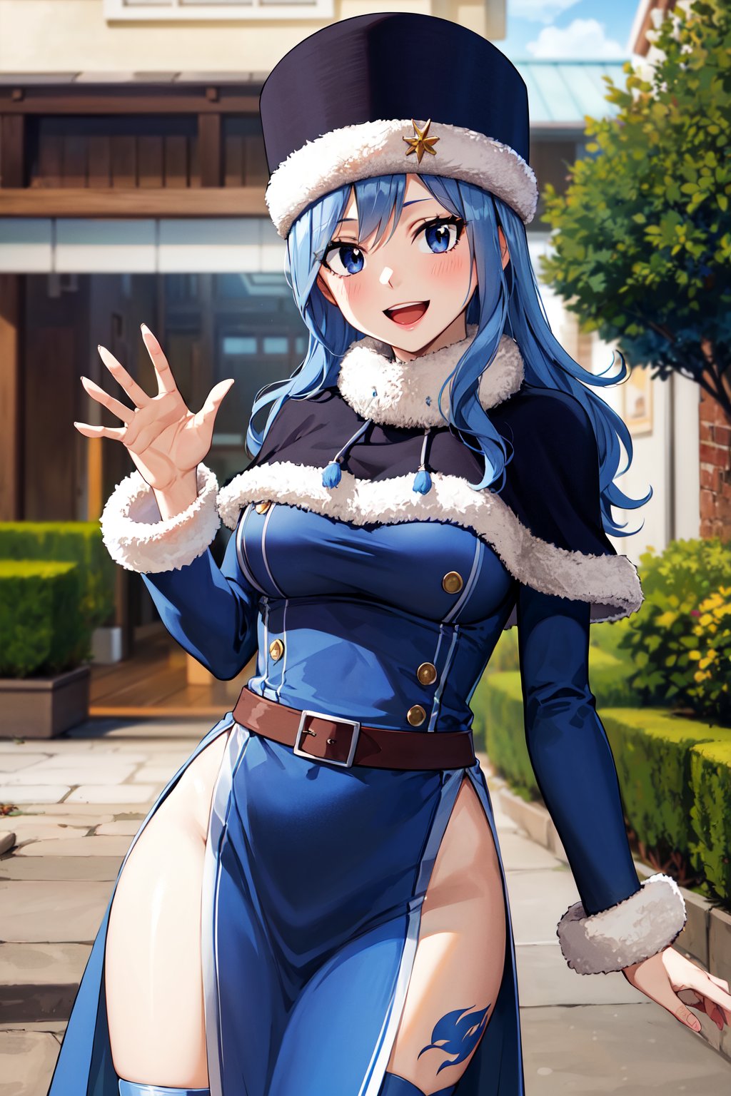 masterpiece, best quality, highres, aajuvia, long hair, blue headwear, fur-trimmed headwear, capelet, blue dress, long sleeves, belt, side slit, tattoo, thighhighs, <lora:juvia_lockser_v1:0.7>, standing, outdoors, waving, smile, open mouth, 