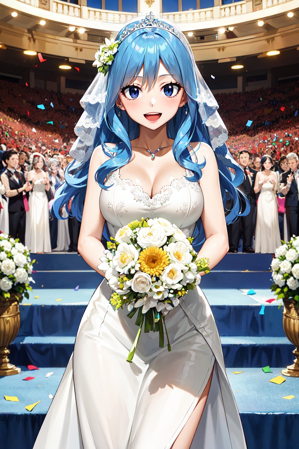 masterpiece, best quality, highres, aajuvia, long hair, <lora:juvia_lockser_v1:0.7>, wedding dress, white dress, white gloves, holding bouquet, smile, open mouth, confetti, garden, standing, cowboy shot, audience, 