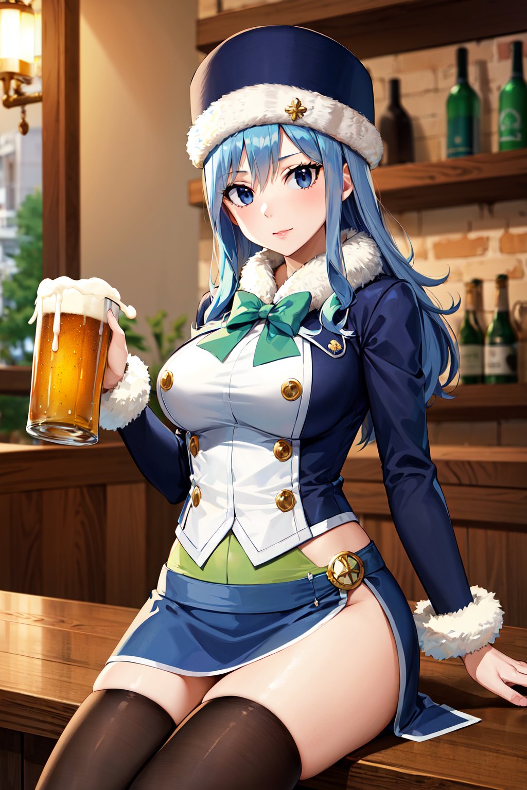 masterpiece, best quality, highres, aajuvia, long hair, blue headwear, fur-trimmed headwear, green bow, jacket, long sleeves, blue skirt, side slit, thighhighs, <lora:juvia_lockser_v1:0.7>, sitting, bar, holding cup, beer, looking at viewer, 