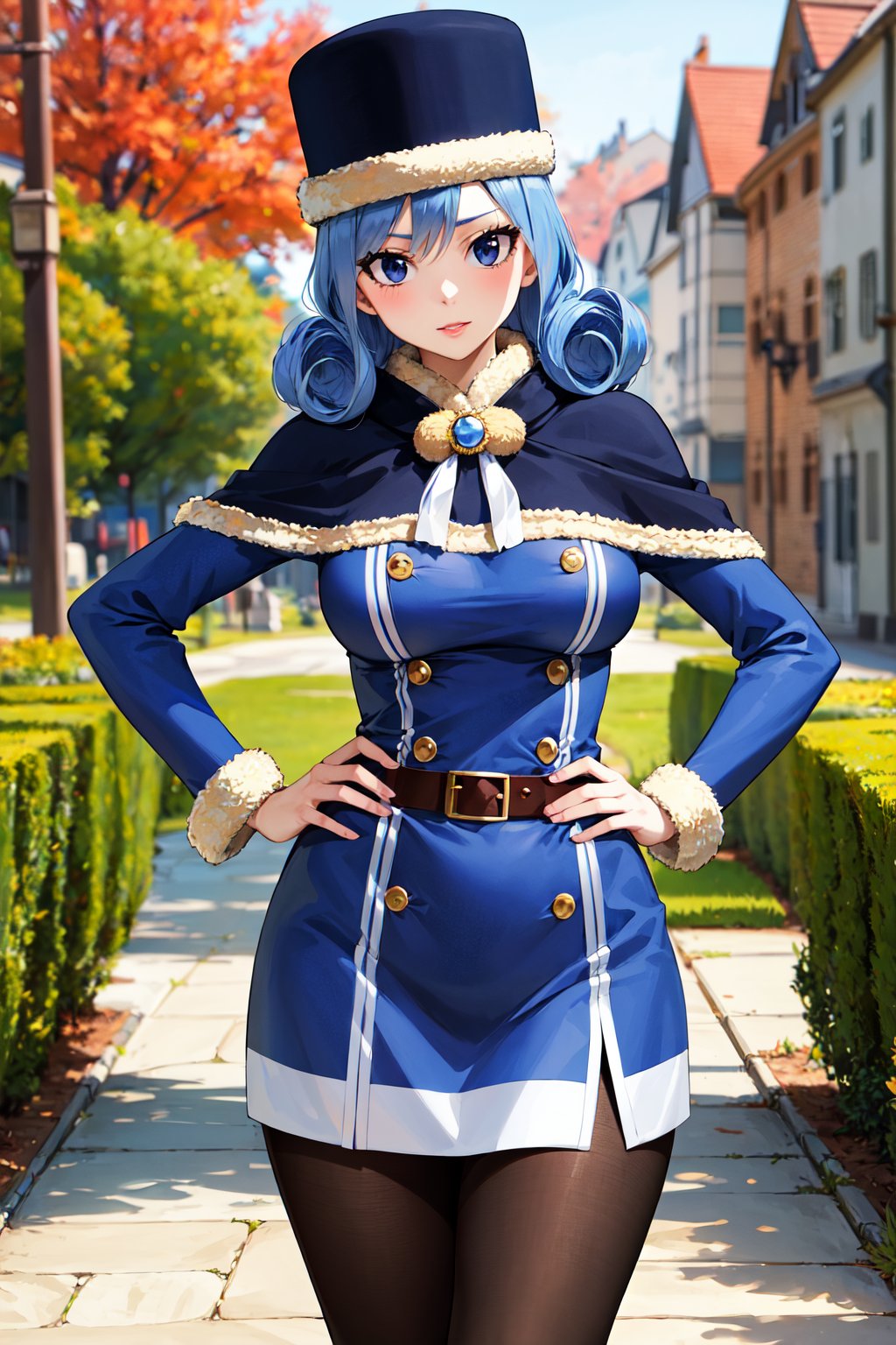 masterpiece, best quality, highres, aajuvia, curly hair, hat, capelet, blue dress, long sleeves, brown belt, pantyhose,<lora:juvia_lockser_v1:0.7>, hand on hip, outdoors, standing