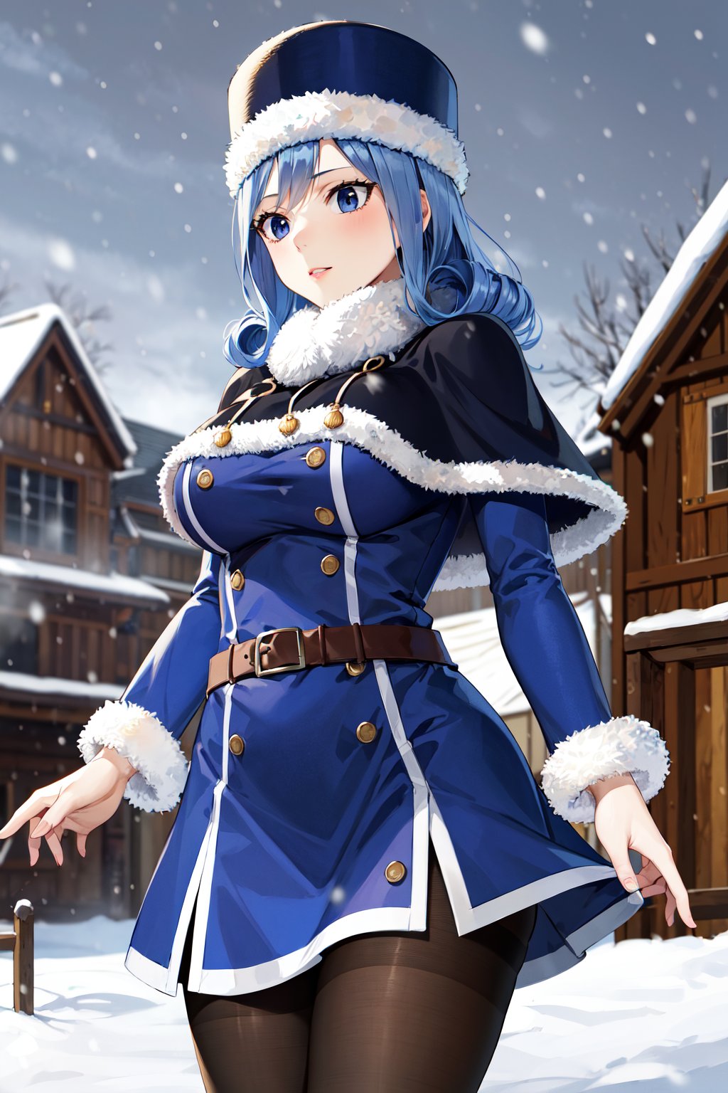 masterpiece, best quality, highres, aajuvia, curly hair, hat, capelet, blue dress, long sleeves, brown belt, pantyhose,<lora:juvia_lockser_v1:0.7>, snow, standing, cowboy shot, snowing, outdoors