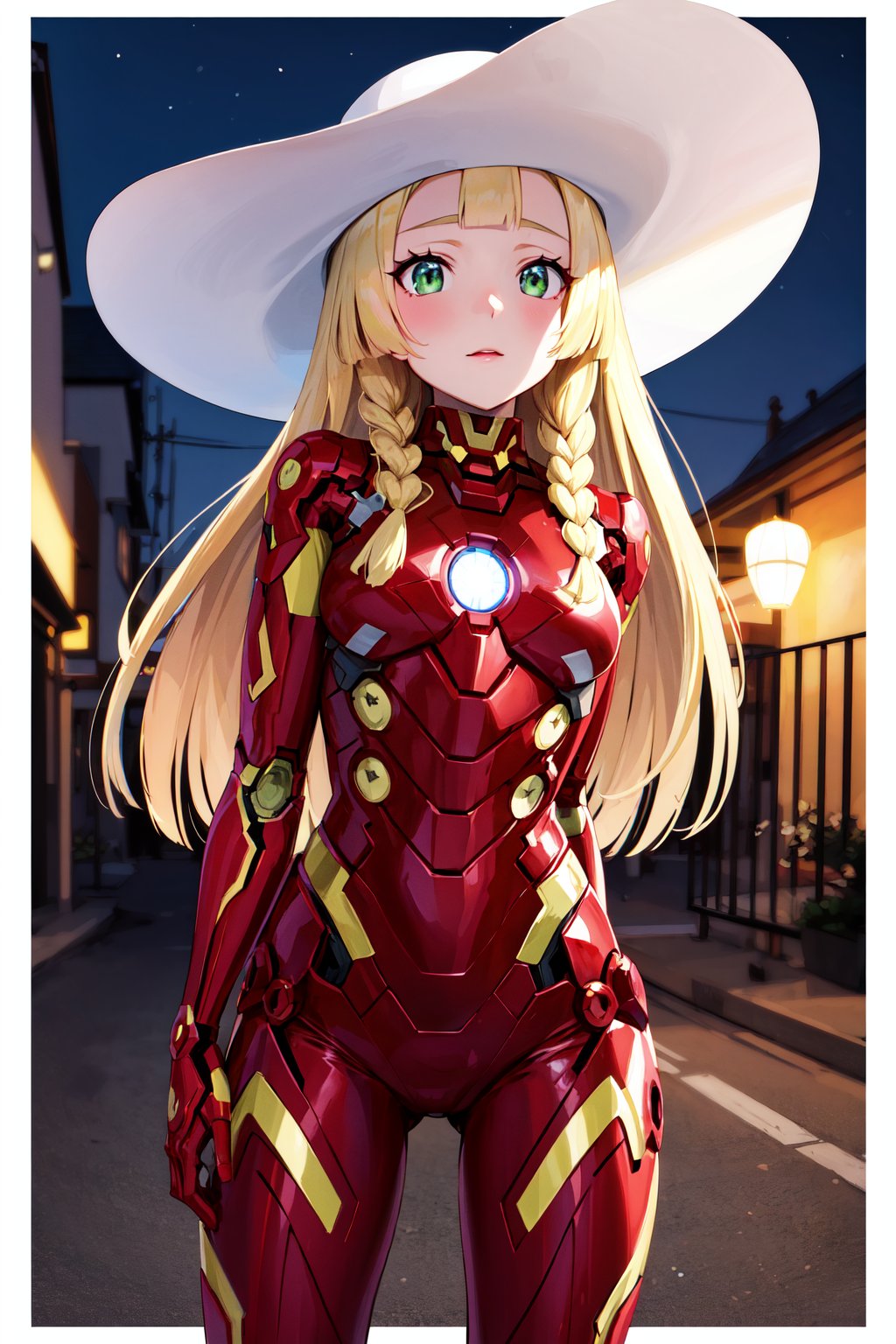 masterpiece, best quality, highres, aalillie, long hair, braid, sun hat, white headwear, <lora:lillie_(pokemon)_v1:0.7>, iron man, bodysuit, outdoors, street, night