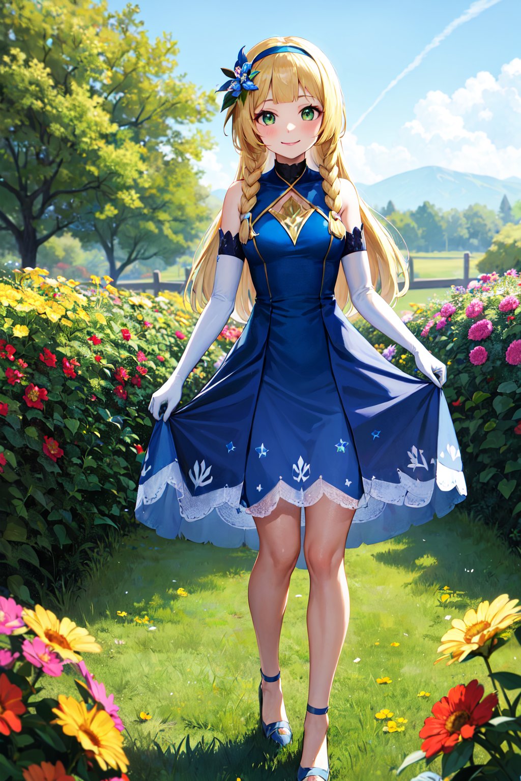 masterpiece, best quality, highres, aalillie, long hair, braid, hairband, hair ornament, hair flower, bare shoulders, blue dress, sleeveless, elbow gloves, white gloves, <lora:lillie_(pokemon)_v1:0.7>, garden, standing, skirt hold, smile, 