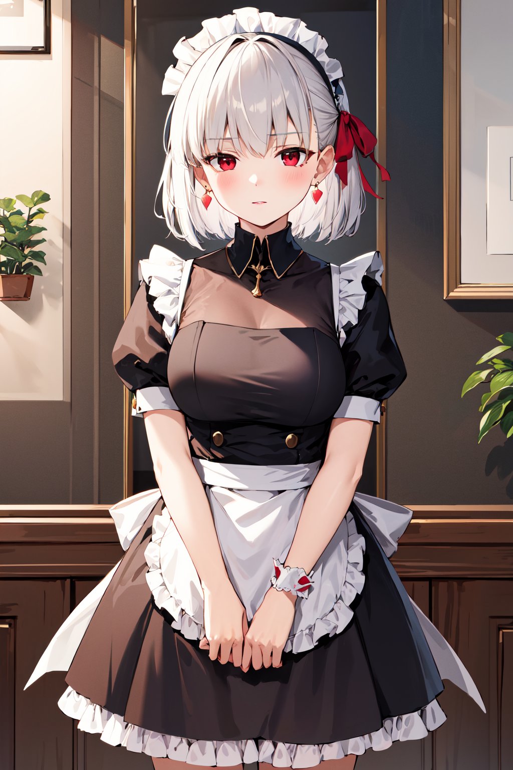 masterpiece, best quality, highres, aakama, short hair, hair ribbon, red eyes, earrings, <lora:kama_(fgo)_v1:0.8>, indoors, maid, dress, standing, v arms, 