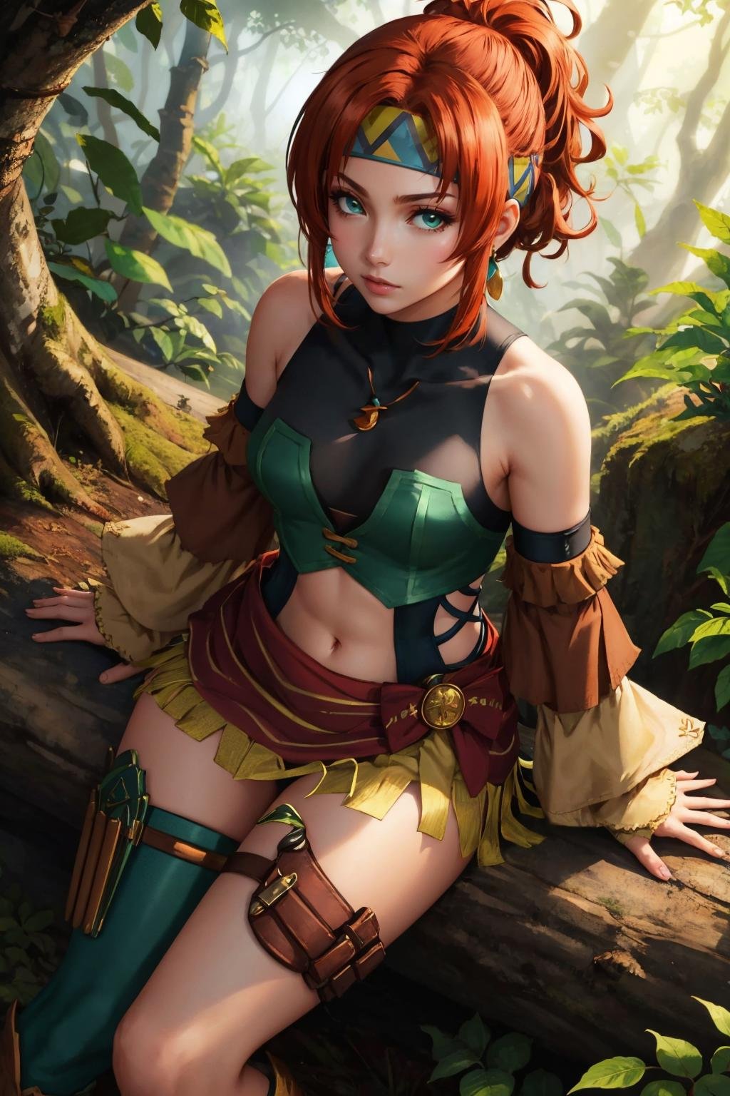 masterpiece, best quality, <lora:karna-nvwls-v1-000009:0.9> ysKarna, headband, green crop top, navel, detached sleeves, single thighhigh, thigh strap, fingerless gloves, sitting, on ground, from above, looking at viewer, forest, jungle