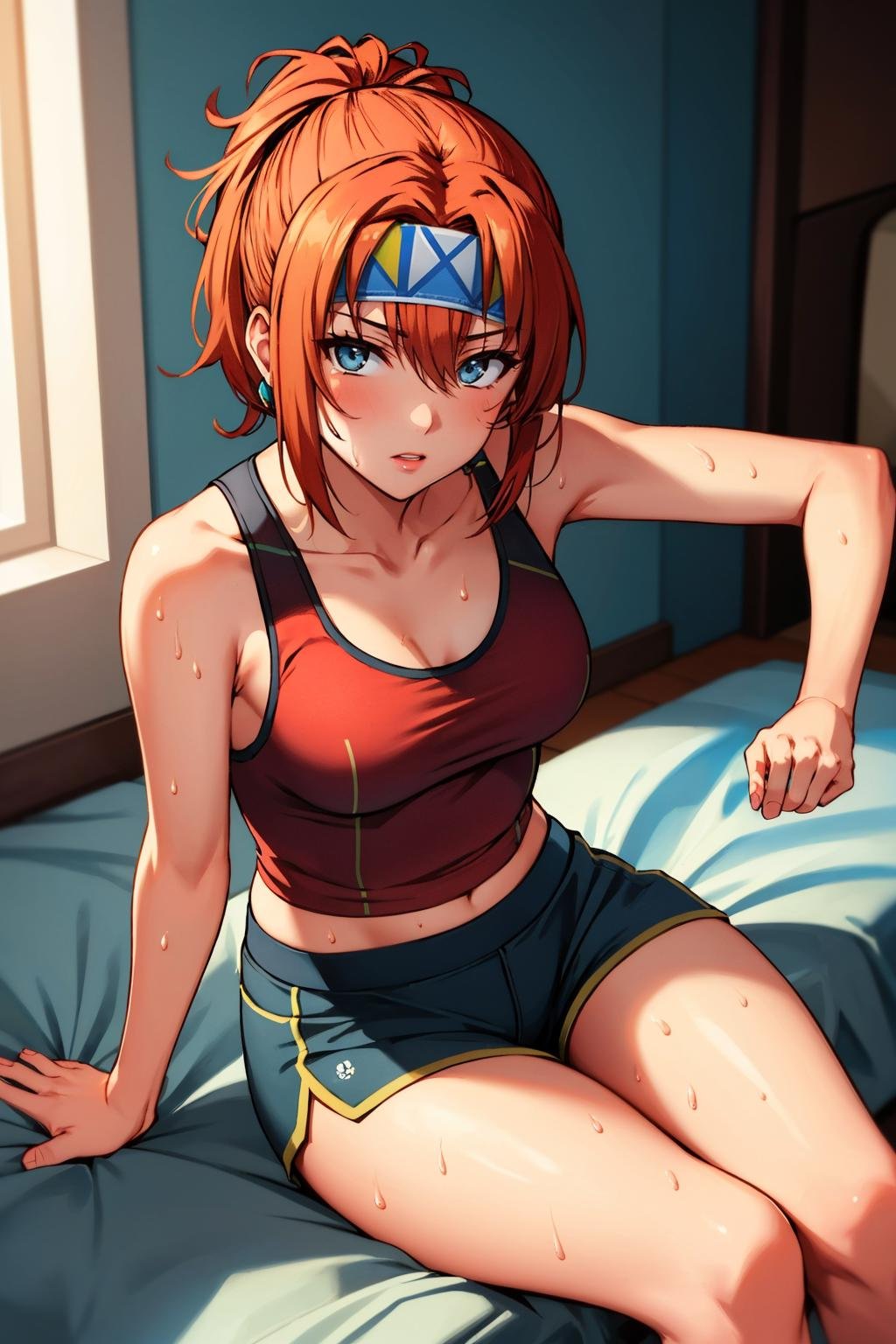 masterpiece, best quality, <lora:karna-nvwls-v1-000009:0.8> ysKarna, headband, red tank top, bedroom, sitting, apartment, indoors, shorts, looking at viewer, sweat