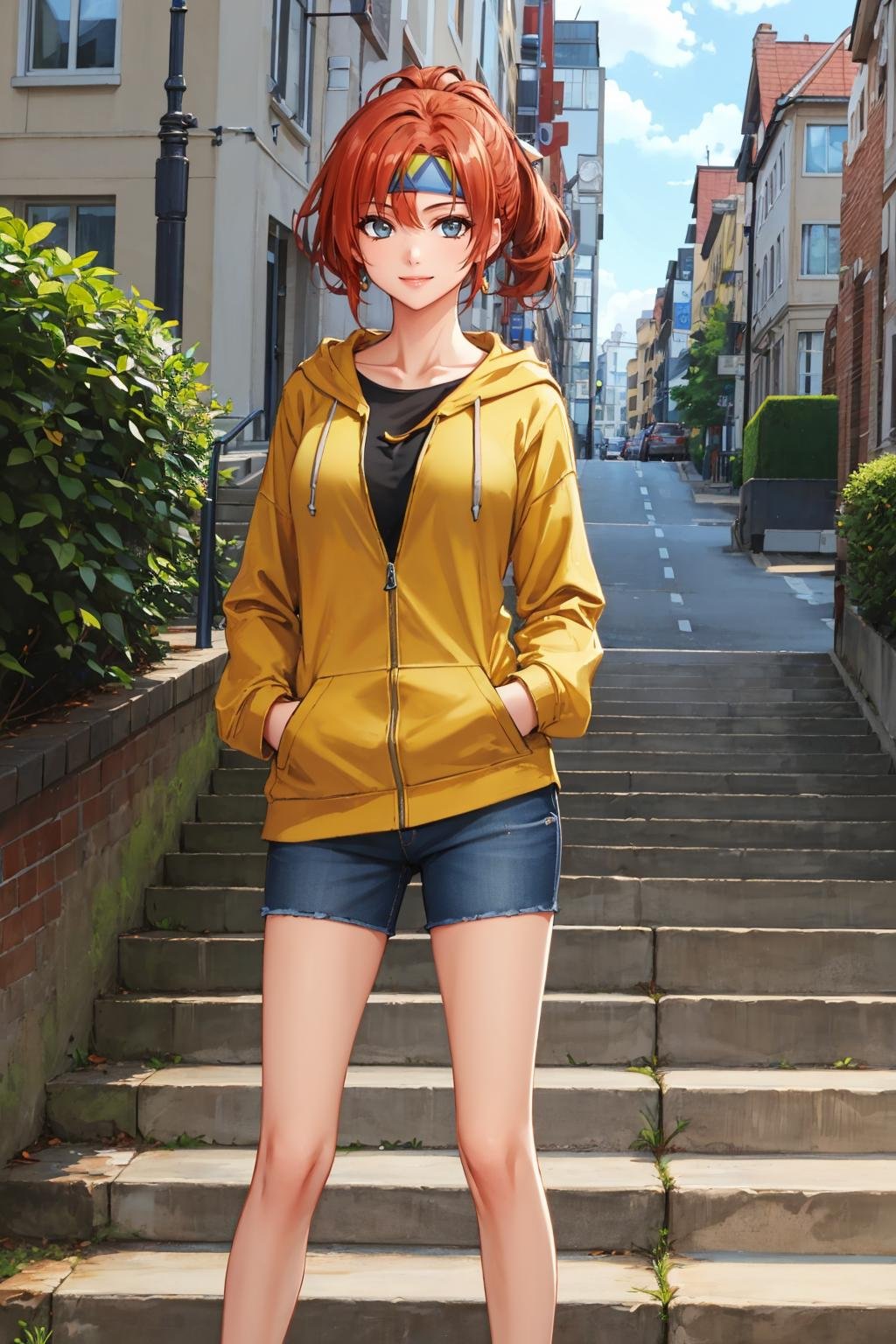 masterpiece, best quality, <lora:karna-nvwls-v1-000009:0.9> ysKarna, headband, yellow hoodie, shorts, hands in pockets, city street, stairs, large breasts, looking at viewer, smile