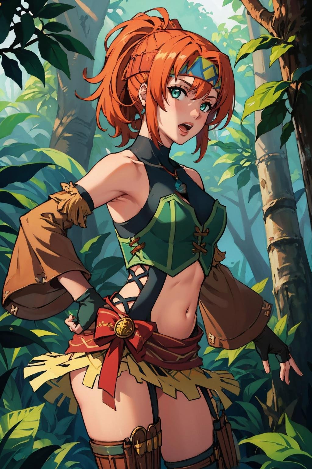 masterpiece, best quality, <lora:karna-nvwls-v1-000009:0.9> ysKarna, headband, green crop top, navel, detached sleeves, single thighhigh, thigh strap, fingerless gloves, from side, dynamic pose, jungle, forest, looking at viewer, furrowed brow, open mouth