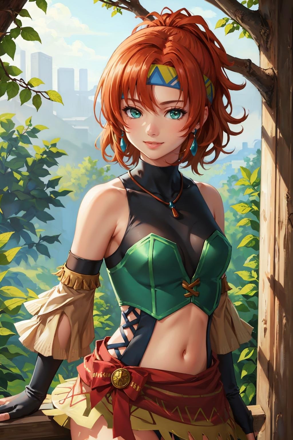 masterpiece, best quality, <lora:karna-nvwls-v1-000009:0.9> ysKarna, headband, green crop top, navel, detached sleeves, single thighhigh, thigh strap, fingerless gloves, upper body, looking at viewer, large breasts, forest, smile, arms at sides