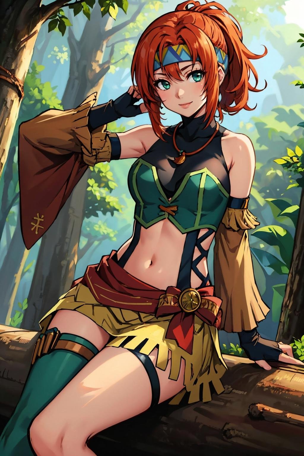 masterpiece, best quality, <lora:karna-nvwls-v1-000009:0.9> ysKarna, headband, necklace, green crop top, navel, detached sleeves, single thighhigh, thigh strap, fingerless gloves, large breasts, sitting, fallen log, forest, smile, looking at viewer, from below