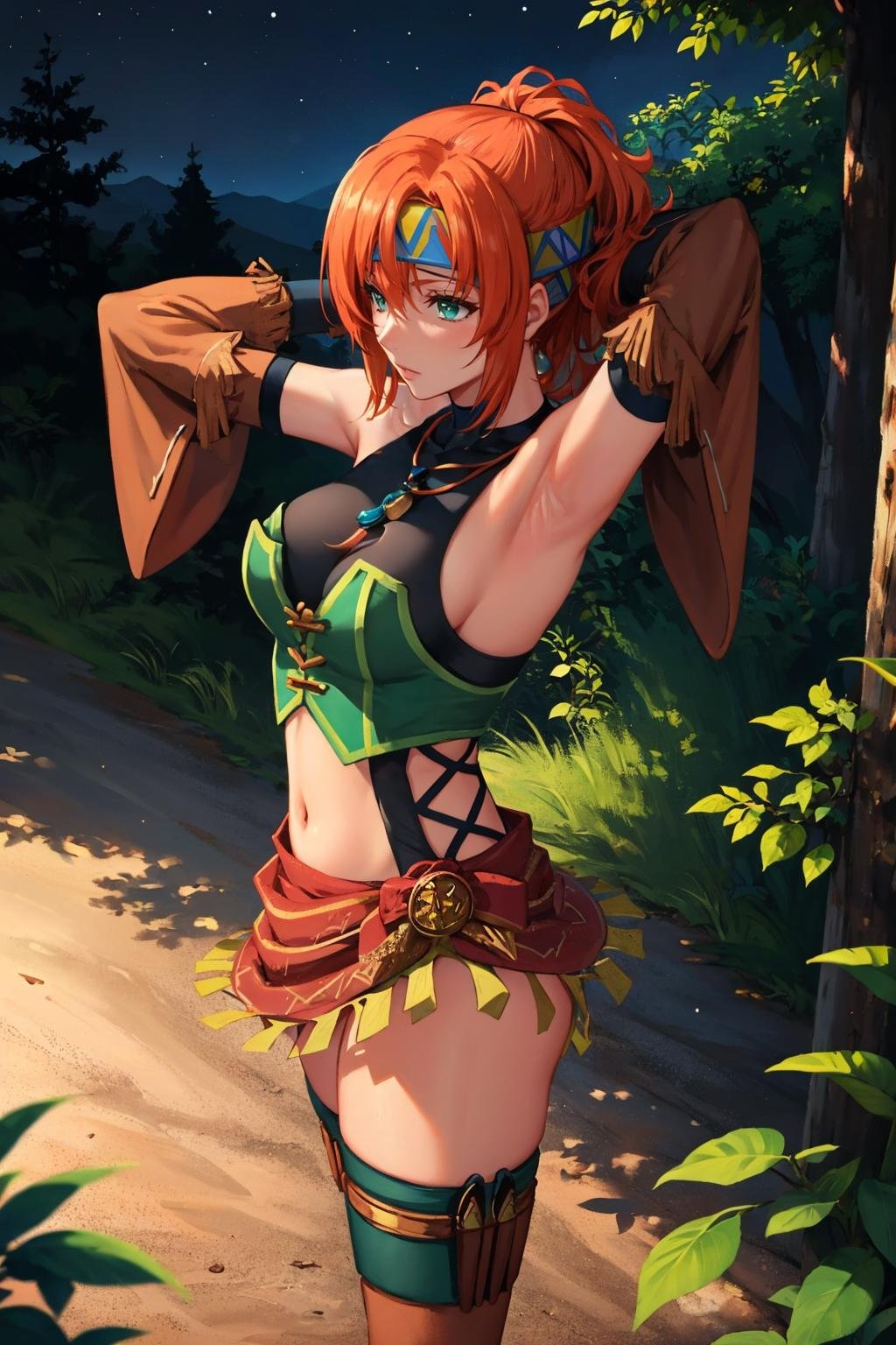 masterpiece, best quality, <lora:karna-nvwls-v1-000009:0.9> ysKarna, headband, necklace, green crop top, navel, detached sleeves, single thighhigh, thigh strap, fingerless gloves, large breasts, arms behind head, from side, from above, forest, night