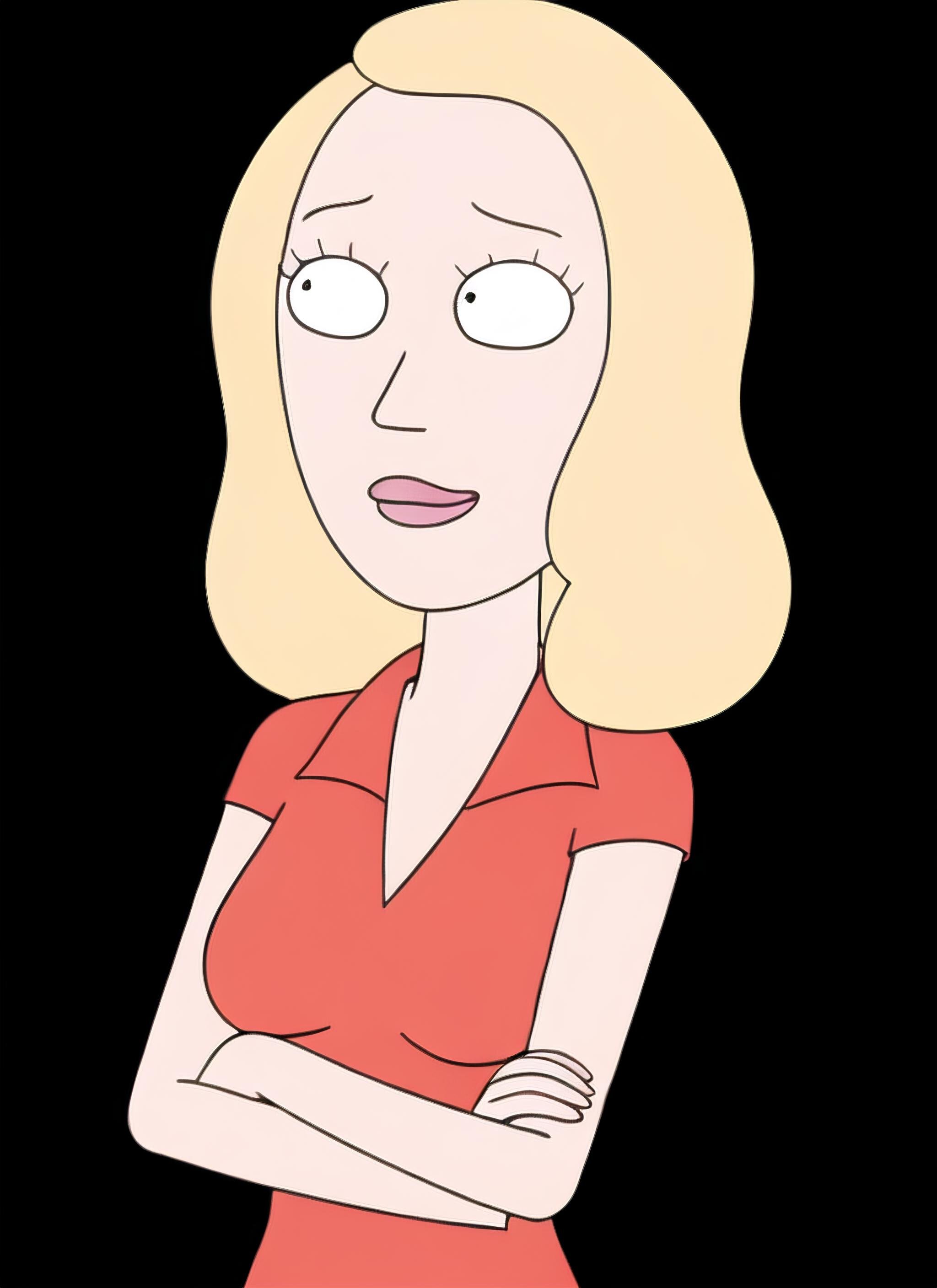 <lora:rick_and_morty_characters:0.8> rm_style, beth_smith, 1girl, solo,  upper body, crossed arms, red shirt