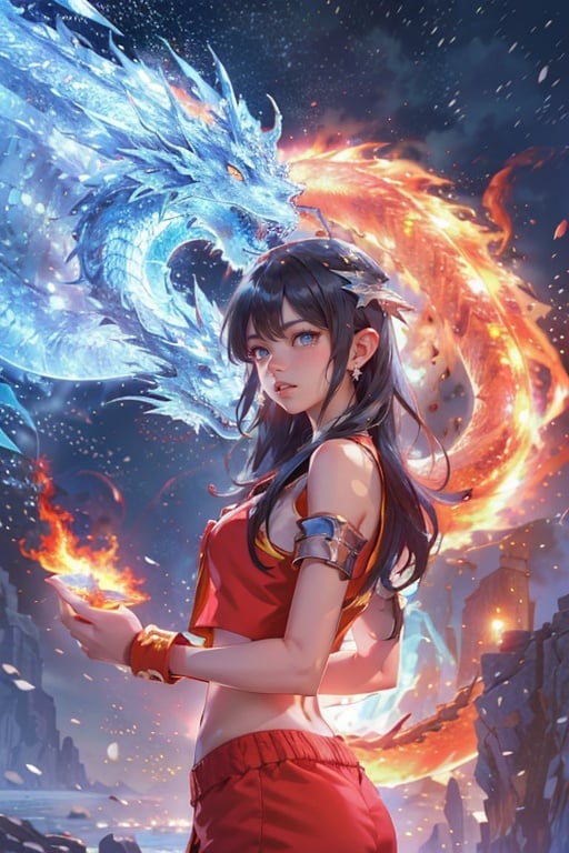 masterpiece,best quality,(photorealistic:1.4),(the collision of flames and ice:1.4),(ultra detailed:1.3),masterpiece,(流动的:1.4),(2girls:1.4),cat ears,(upper_body:1.4),unity 8k wallpaper,solo,(flames and ice burst in the air:1.3),snow,ice cube,(colorful:1.4),brilliant brilliance,ice explosion,raytracing,<lora:Light_and_Shadow:0.2>,(starry:1.2),cloud,star \(sky\),starry sky,the surging light,<lora:bingtyhuozhige_20230826123206-000010:0.9>,(looking at viewer:1.4),typing art,(ice dragon:1.3),(fire dragon (inazuma eleven):1.2),