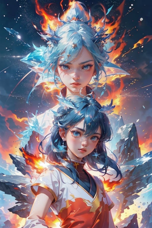 masterpiece,best quality,(photorealistic:1.4),(the collision of flames and ice:1.4),(ultra detailed:1.3),masterpiece,(流动的:1.4),(2girls:1.4),cat ears,(upper_body:1.4),unity 8k wallpaper,solo,(flames and ice burst in the air:1.3),snow,ice cube,(colorful:1.4),brilliant brilliance,ice explosion,raytracing,<lora:Light_and_Shadow:0.2>,(starry:1.2),cloud,star \(sky\),starry sky,the surging light,<lora:bingtyhuozhige_20230826123206-000010:0.9>,(looking at viewer:1.4),typing art,(ice dragon:1.3),(fire dragon (inazuma eleven):1.2),