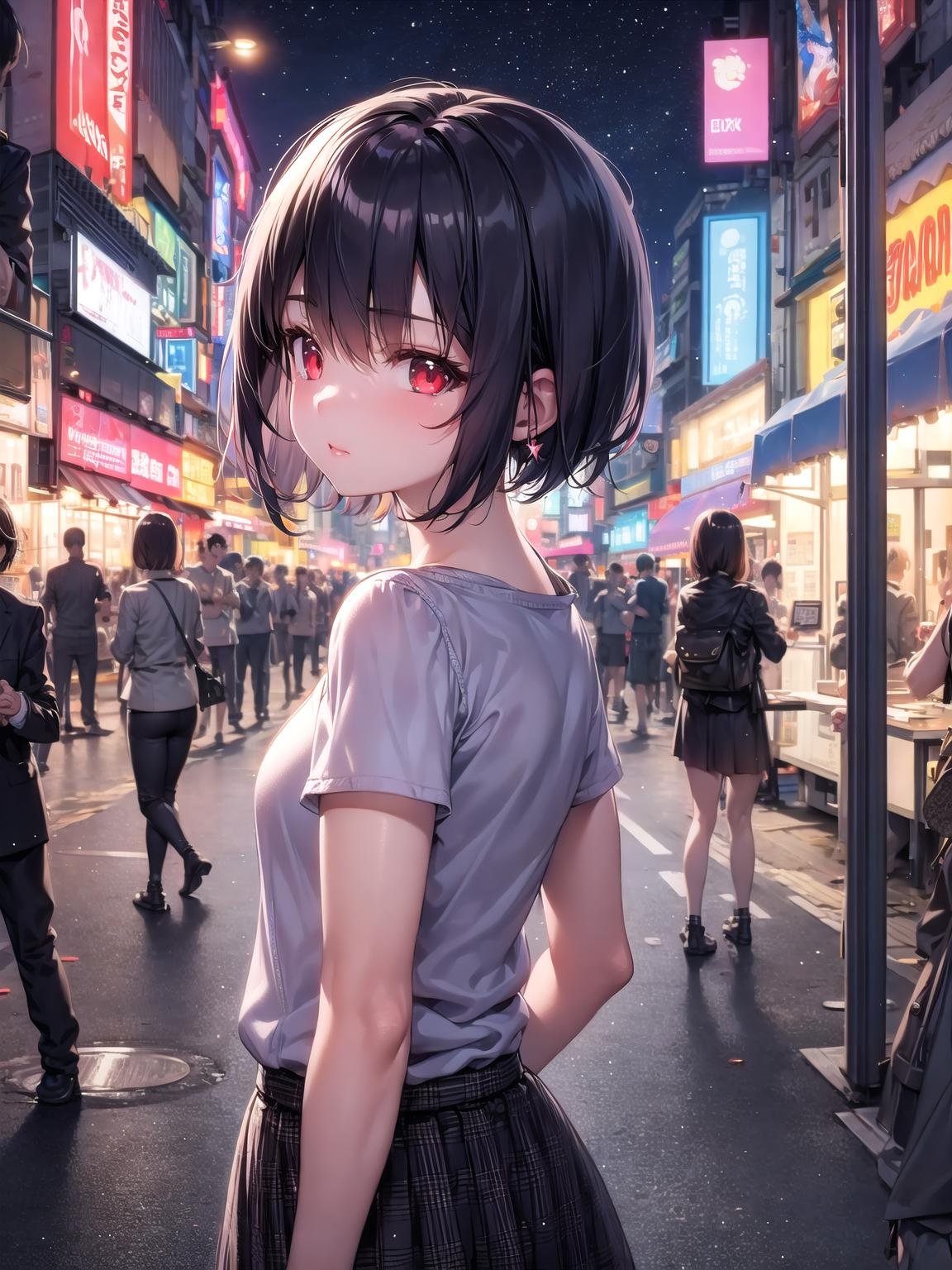 masterpiece, best quality, 1girl, short hair, bangs, red eyes, skirt, looking at viewer, night, street, neon, looking back, star \(sky\), crowd, upper body, 