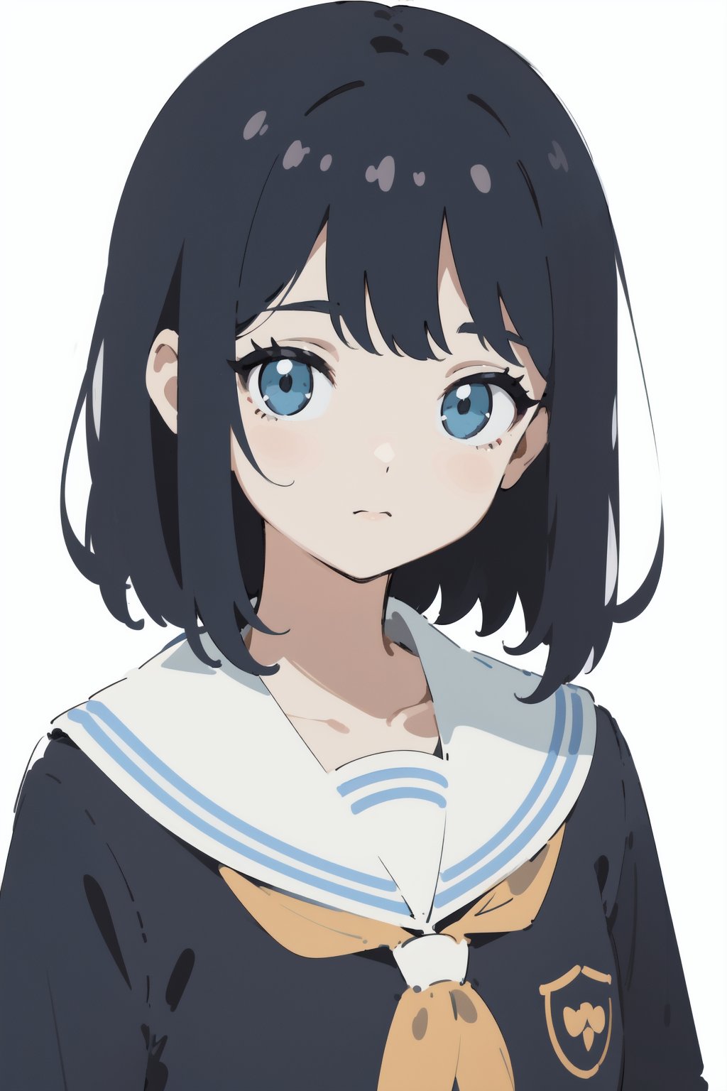 (finely best quality illustration:1.2), (kawaii girl:1.0), (1girl, solo:1.0), (black hair:1.0), (green eyes:0.8), (school uniform:1.0), (upper body:0.8), (white background:1.0), (ultra-detailed, highres:1.0),