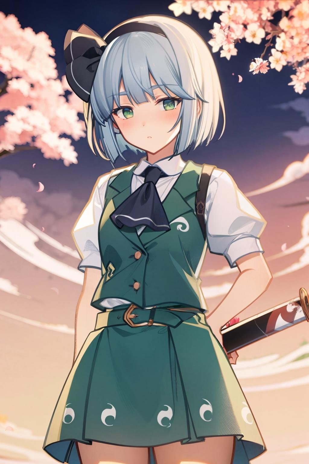 masterpiece, best quality, <lora:youmu-mver:1>,<lora:gmstyle:1>,1girl, skirt, weapon, shirt, solo, vest, sword, (black hairband:1.2), green eyes, short hair, hairband, white shirt, green skirt, ribbon, ascot, green vest, sheath, konpaku youmu (ghost), looking at viewer, flower, black ascot, collared shirt, katana, bangs, petals, hair ribbon, black ribbon, belt, frills, skirt set, grey hair, frilled skirt, outdoors, cowboy shot, closed mouth, sheathed, sky, cherry blossoms, hitodama, buttons, bob cut, blush, scabbard, blue sky, white hair, pink flower