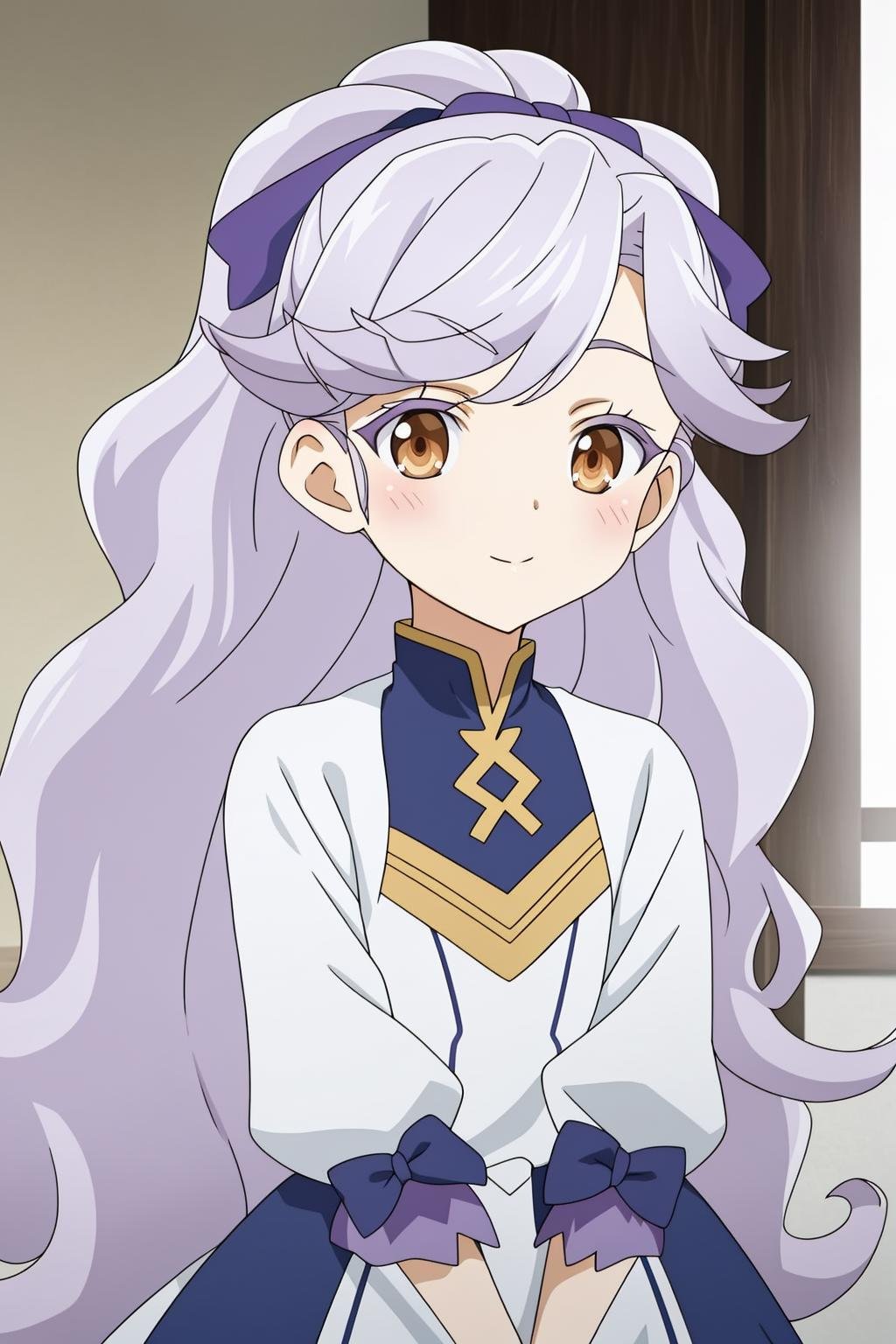 josephine, 1girl, solo, long_hair, looking_at_viewer, blush, bangs, dress, brown_eyes, closed_mouth, upper_body, purple_hair, hair_bow, grey_hair, light_purple_hair, big_hair