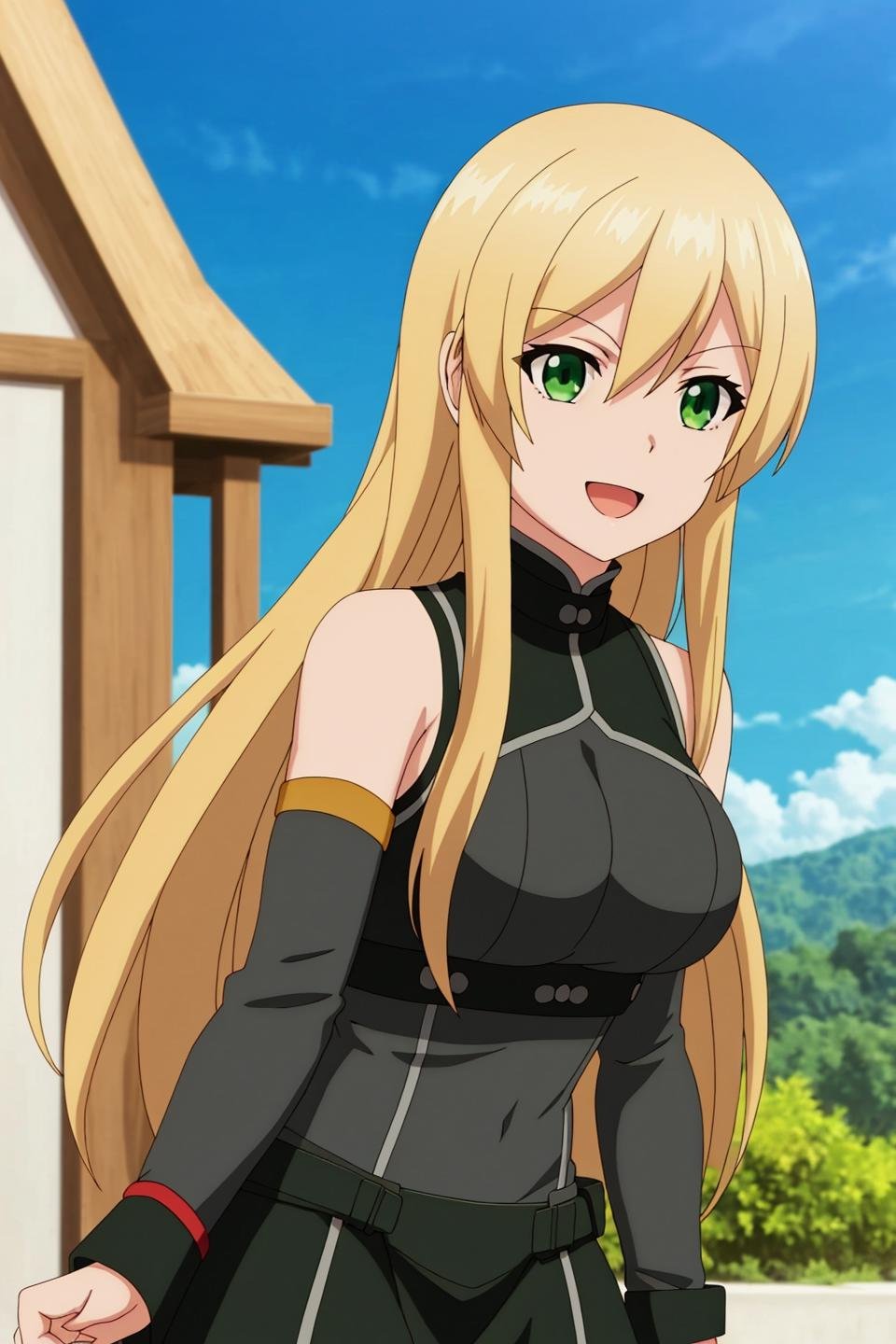 leila, anime, 1girl, solo, long_hair, breasts, smile, open_mouth, blonde_hair, bare_shoulders, green_eyes, upper_body, :d, detached_sleeves, sky, night, anime_coloring