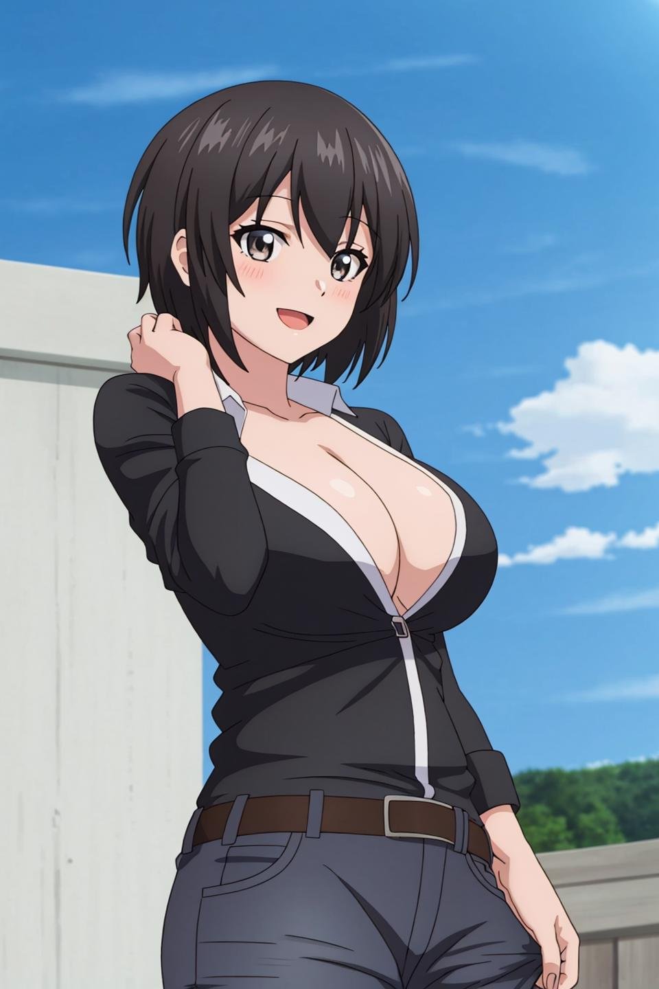 elna, anime, 1girl, solo, breasts, looking_at_viewer, smile, short_hair, open_mouth, large_breasts, shirt, black_hair, brown_eyes, white_shirt, :d, black_eyes