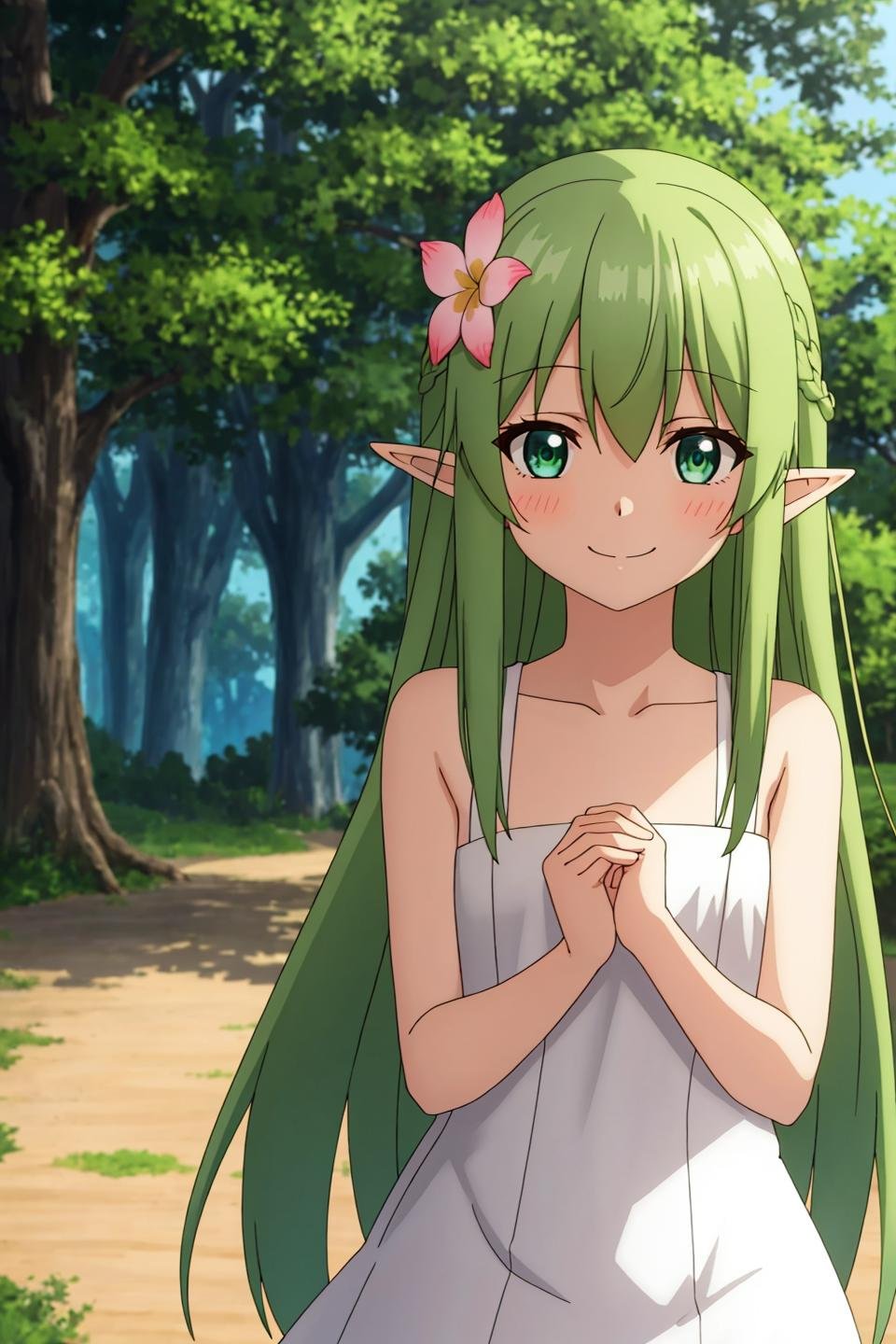 dory, anime, 1girl, solo, long_hair, looking_at_viewer, smile, hair_ornament, dress, bare_shoulders, closed_mouth, green_eyes, collarbone, upper_body, flower, outdoors, green_hair, sleeveless, day, pointy_ears, hair_flower, white_dress, parted_bangs, elf, pink_flower, flat_chest