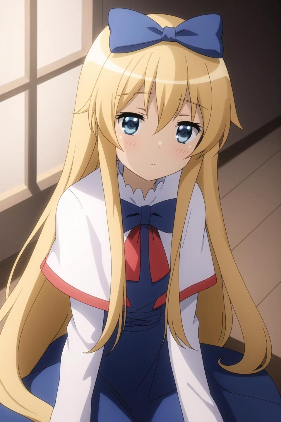 maya, anime art style, 1girl, solo, long_hair, blue_eyes, blonde_hair, dress, bow, very_long_hair, hair_bow, capelet