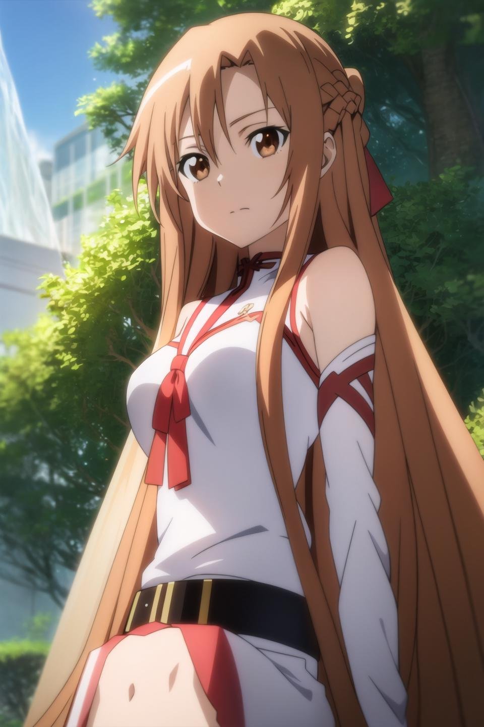 asuna, anime art style, 1girl, solo, long_hair, skirt, brown_hair, brown_eyes, very_long_hair, belt, crossed_arms