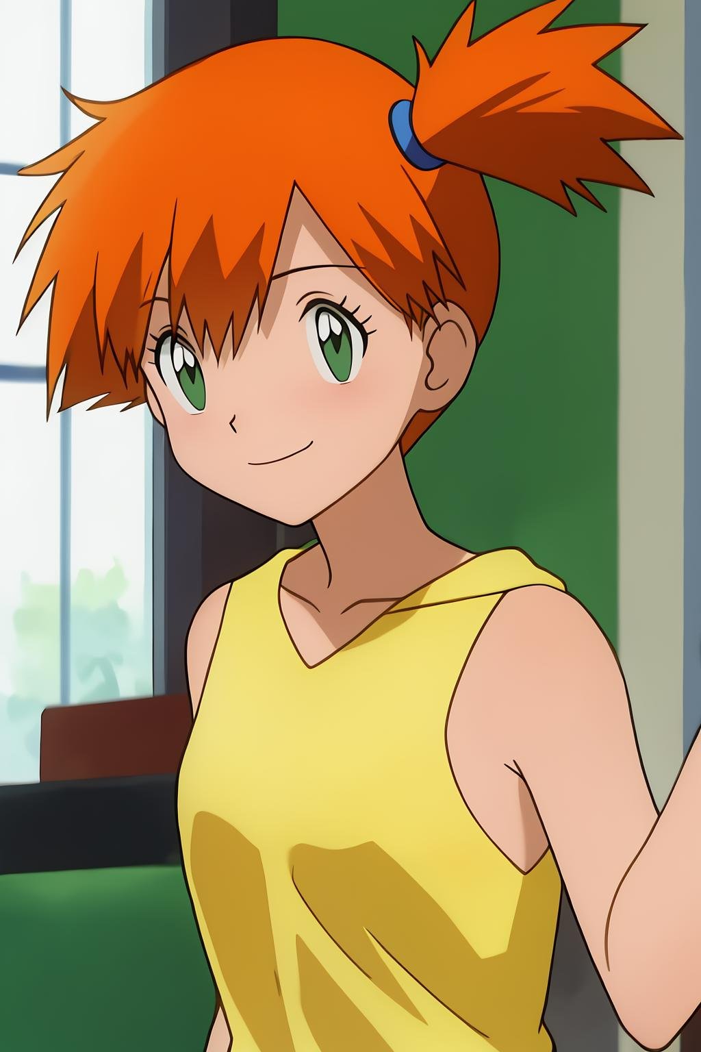 misty, 1girl, solo, smile, short_hair, bangs, hair_between_eyes, bare_shoulders, closed_mouth, green_eyes, upper_body, sleeveless, indoors, orange_hair, side_ponytail, looking_to_the_side, bare_arms, eyelashes, sleeveless_shirt, blurry_background, looking_away, hood_down, hand_on_own_chest, clenched_hand, bubble, yellow_shirt, hair_tie, split_mouth