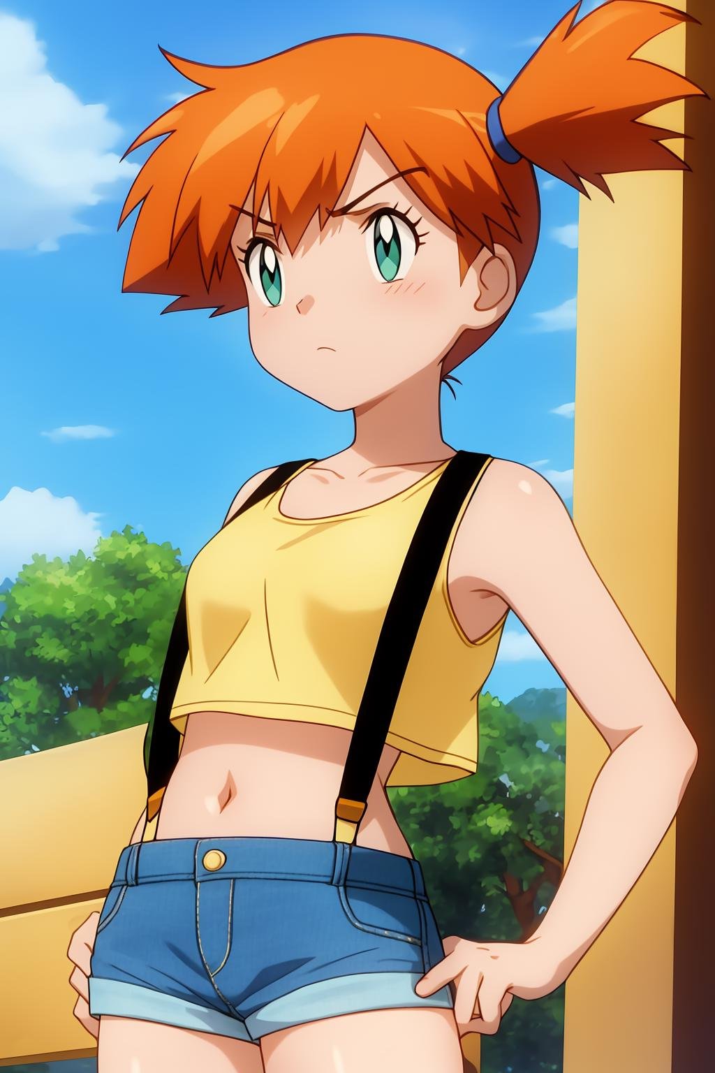 misty, 1girl, solo, long_hair, breasts, short_hair, bangs, navel, bare_shoulders, closed_mouth, green_eyes, standing, collarbone, cowboy_shot, small_breasts, sky, shorts, sleeveless, day, midriff, cloud, orange_hair, side_ponytail, blue_sky, crop_top, v-shaped_eyebrows, looking_to_the_side, bare_arms, short_shorts, eyelashes, sleeveless_shirt, frown, outdoor, looking_away, suspenders, tank_top, denim, blue_shorts, denim_shorts, hands_on_hips, yellow_shirt, hair_tie, looking_afar, suspender_shorts