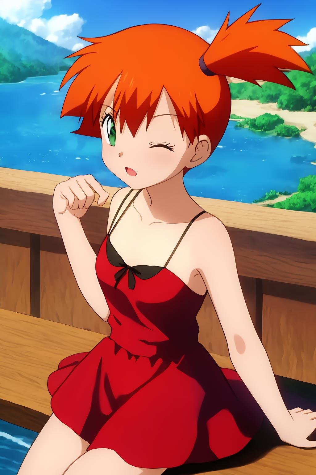 misty, 1girl, solo, long_hair, breasts, looking_at_viewer, short_hair, open_mouth, bangs, outdoor, lake, hair_between_eyes, bare_shoulders, sitting, green_eyes, collarbone, small_breasts, one_eye_closed, hand_up, orange_hair, side_ponytail, bare_arms, eyelashes, shadow, arm_support, one_side_up, red_dress, arm_behind_head, hair_tie, ;o