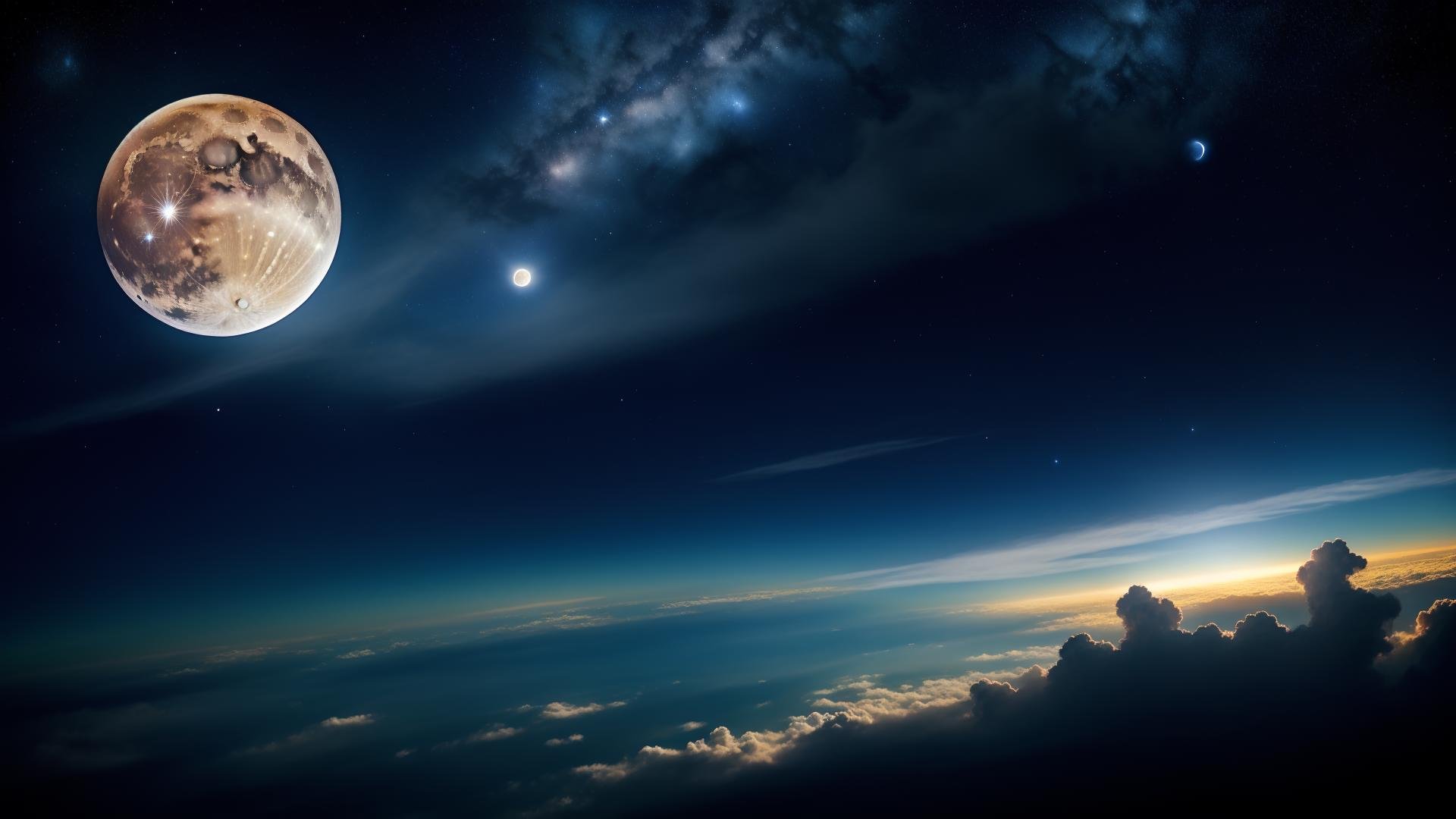 sky, cloud, no humans, night, glowing, moon, star \(sky\), night sky, scenery, starry sky, sun, space, planet, earth \(planet\), galaxy