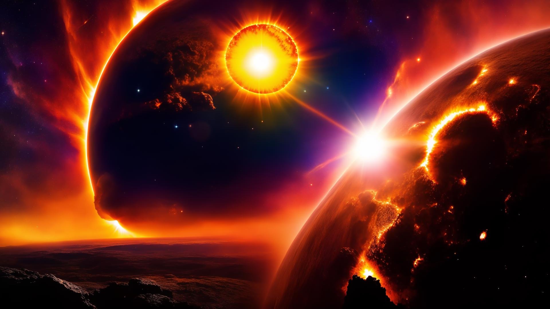 space, universe, scenery, sunset, sun, planet, molten rock