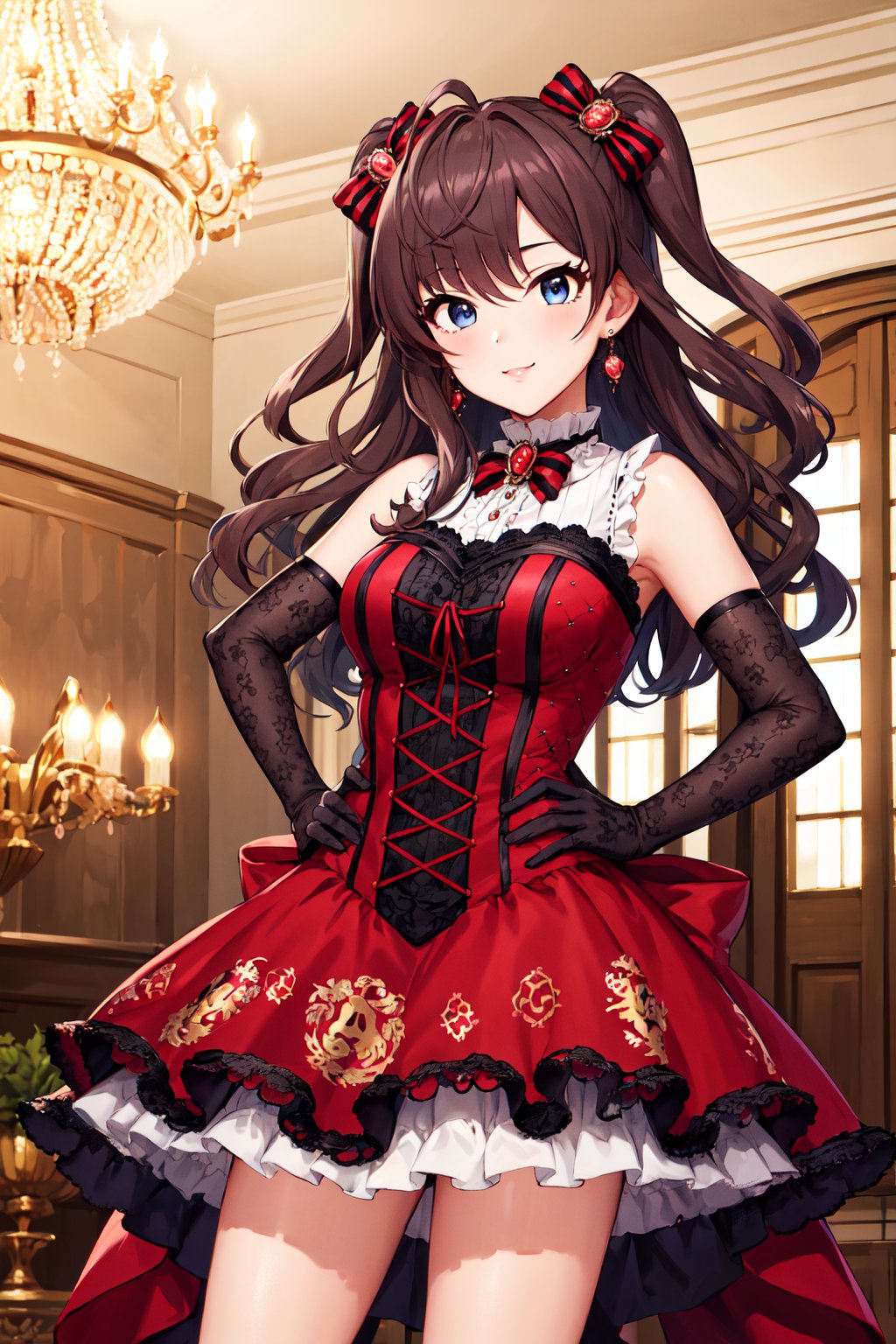 masterpiece, best quality, highres, ichinose shiki, idolmaster, long hair, two side up, hair bow, ahoge, medium breasts, earrings, bare shoulders,  frills, red dress, elbow gloves, black gloves, <lora:ichinose_shiki_v1:0.7>, hand on hip, smile, chandelier, indoors