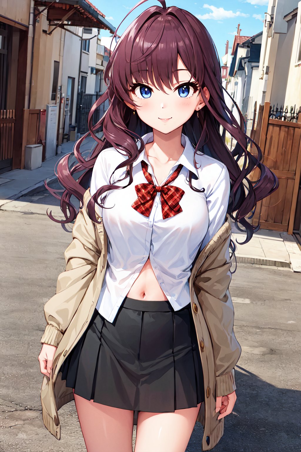 masterpiece, best quality, highres, ichinose shiki, idolmaster, long hair, ahoge, medium breasts, red bowtie, plaid bowtie, white shirt, cardigan, navel, black skirt, pleated skirt, <lora:ichinose_shiki_v1:0.7>, standing, outdoors, cowboy shot, smile,