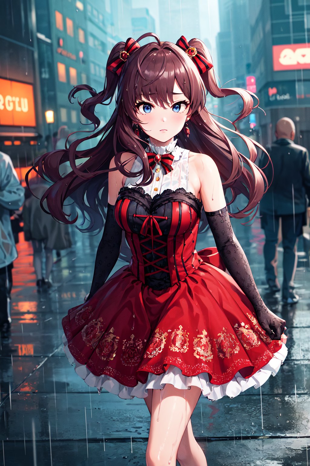 masterpiece, best quality, highres, ichinose shiki, idolmaster, long hair, two side up, hair bow, ahoge, medium breasts, earrings, bare shoulders,  frills, red dress, elbow gloves, black gloves, <lora:ichinose_shiki_v1:0.7>, rain, city, sad, walking, cyberpunk, (wet:1.2)