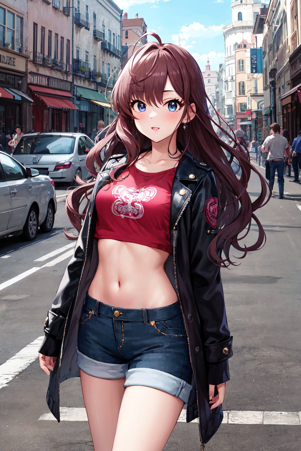 masterpiece, best quality, highres, ichinose shiki, idolmaster, long hair, ahoge, medium breasts, <lora:ichinose_shiki_v1:0.7>, jewelry, black jacket, crop top, shorts, street, standing, cowboy shot,