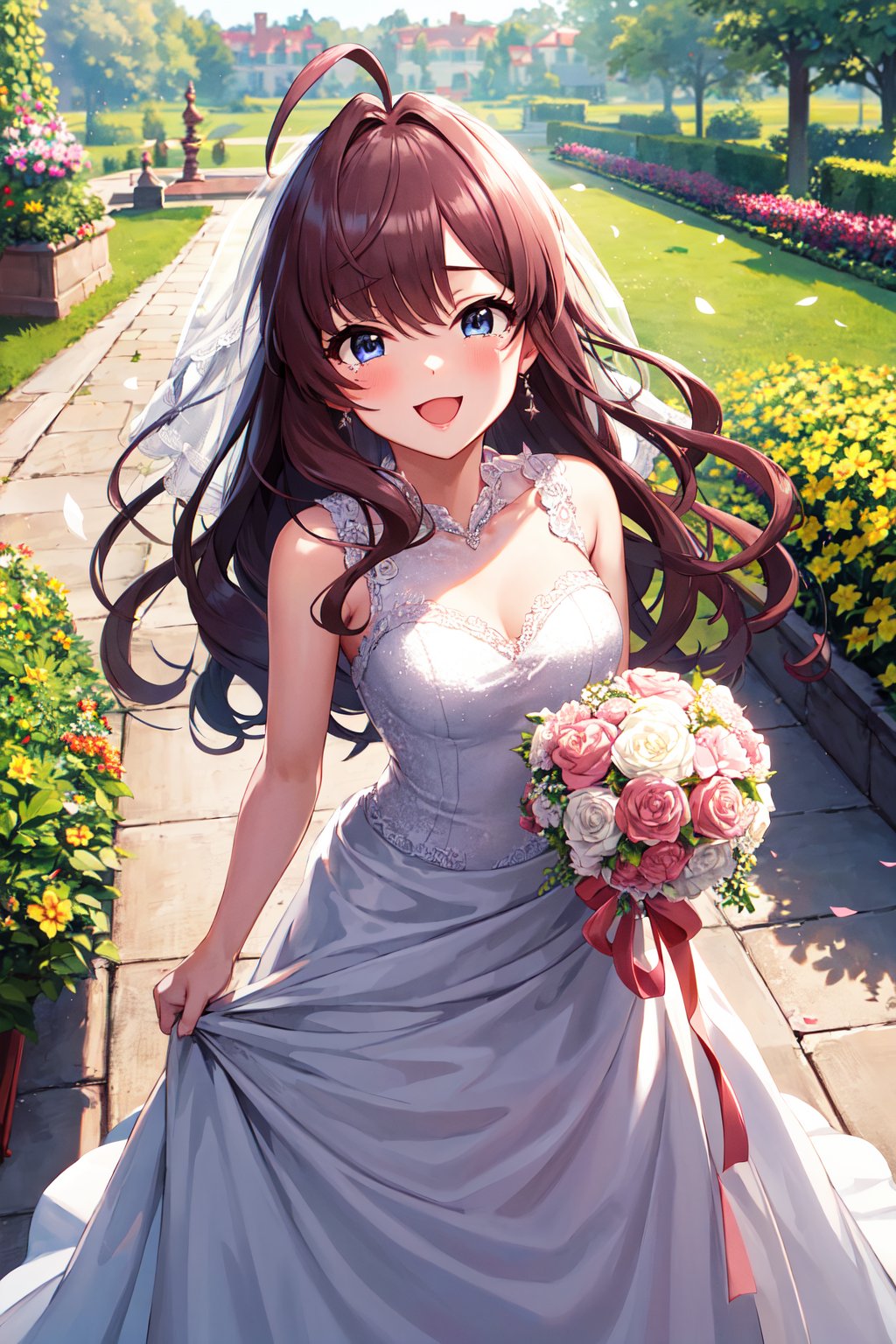 masterpiece, best quality, highres, ichinose shiki, idolmaster, long hair, ahoge, medium breasts, <lora:ichinose_shiki_v1:0.7>, wedding dress, garden, standing, holding bouquet, smile, open mouth, tears, confetti, 