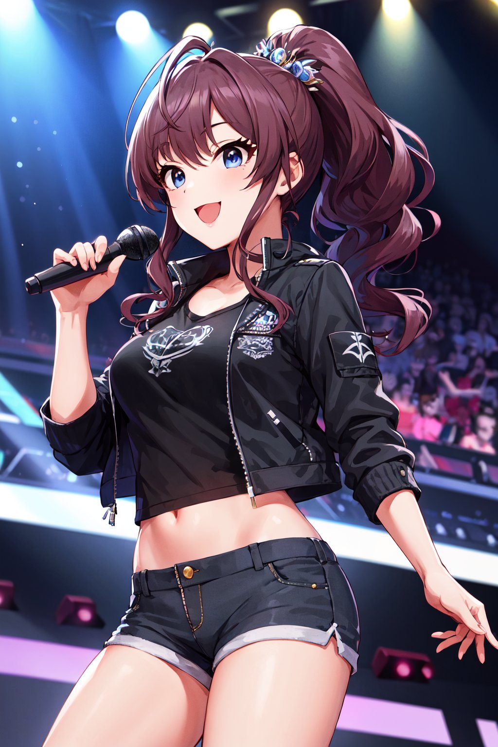 masterpiece, best quality, highres, ichinose shiki, idolmaster, long hair, ponytail, ahoge, medium breasts, <lora:ichinose_shiki_v1:0.7>,  hair ornament, black shirt, short shorts, cropped jacket, stage, smile, open mouth, holding, holding microphone, 