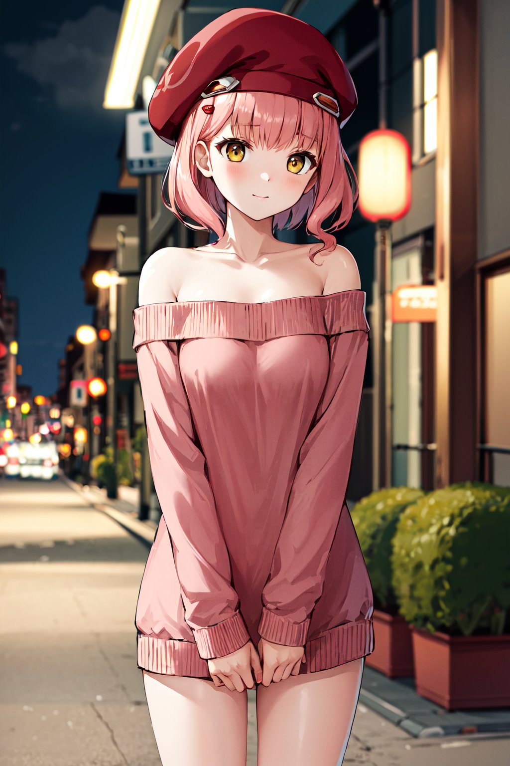 masterpiece, best quality, highres, bbmomo, short hair, beret, red headwear, <lora:m.o.m.o_v1:0.7>, street, night, standing, sweater dress, strapless, off shoulder, collarbone, 