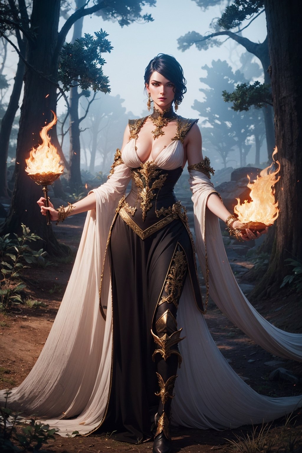 realistic , Beautiful White Witch Women , Casting Fire Spell ,Fantasy , Dark Forest, Unreal Engine