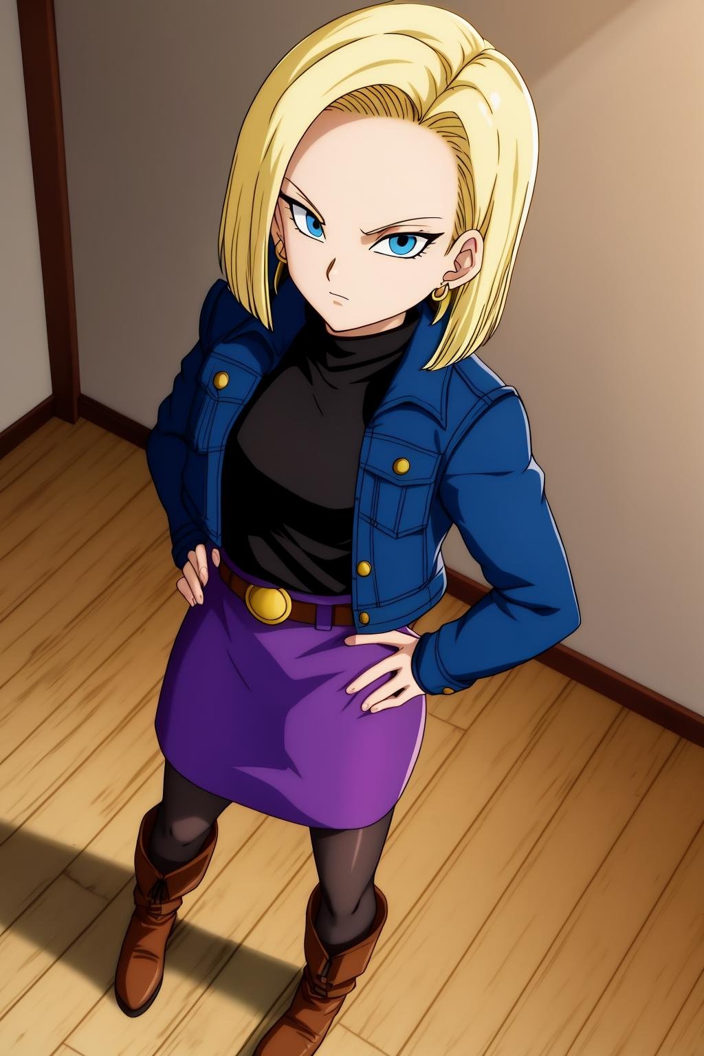 android18, 1girl, solo, looking_at_viewer, smile, short_hair, blue_eyes, skirt, blonde_hair, shirt, long_sleeves, jewelry, closed_mouth, standing, jacket, full_body, pantyhose, earrings, boots, belt, indoors, vest, black_pantyhose, black_shirt, turtleneck, frown, expressionless, brown_footwear, hands_on_hips, serious, wooden_floor