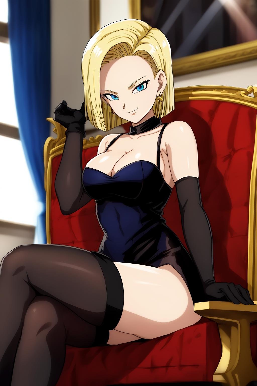 android18, 1girl, solo, breasts, looking_at_viewer, smile, short_hair, closed_mouth, blue_eyes, blonde_hair, medium_breasts, thighhighs, gloves, dress, bare_shoulders, jewelry, sitting, head_rest, arm_support, cleavage, thighs, earrings, sleeveless, elbow_gloves, indoors, black_gloves, black_thighhighs, sleeveless_dress, black_dress, throne, (perfect eyes)