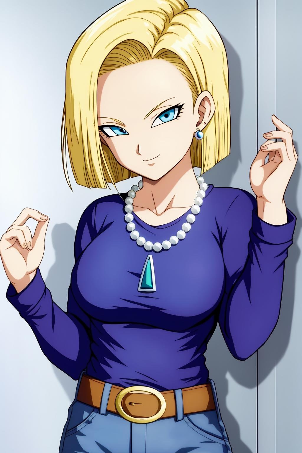 android18, 1girl, solo, breasts, smile, short_hair, blue_eyes, blonde_hair, shirt, long_sleeves, jewelry, medium_breasts, earrings, belt, pants, necklace, denim, casual, jeans, bead_necklace, pearl_necklace